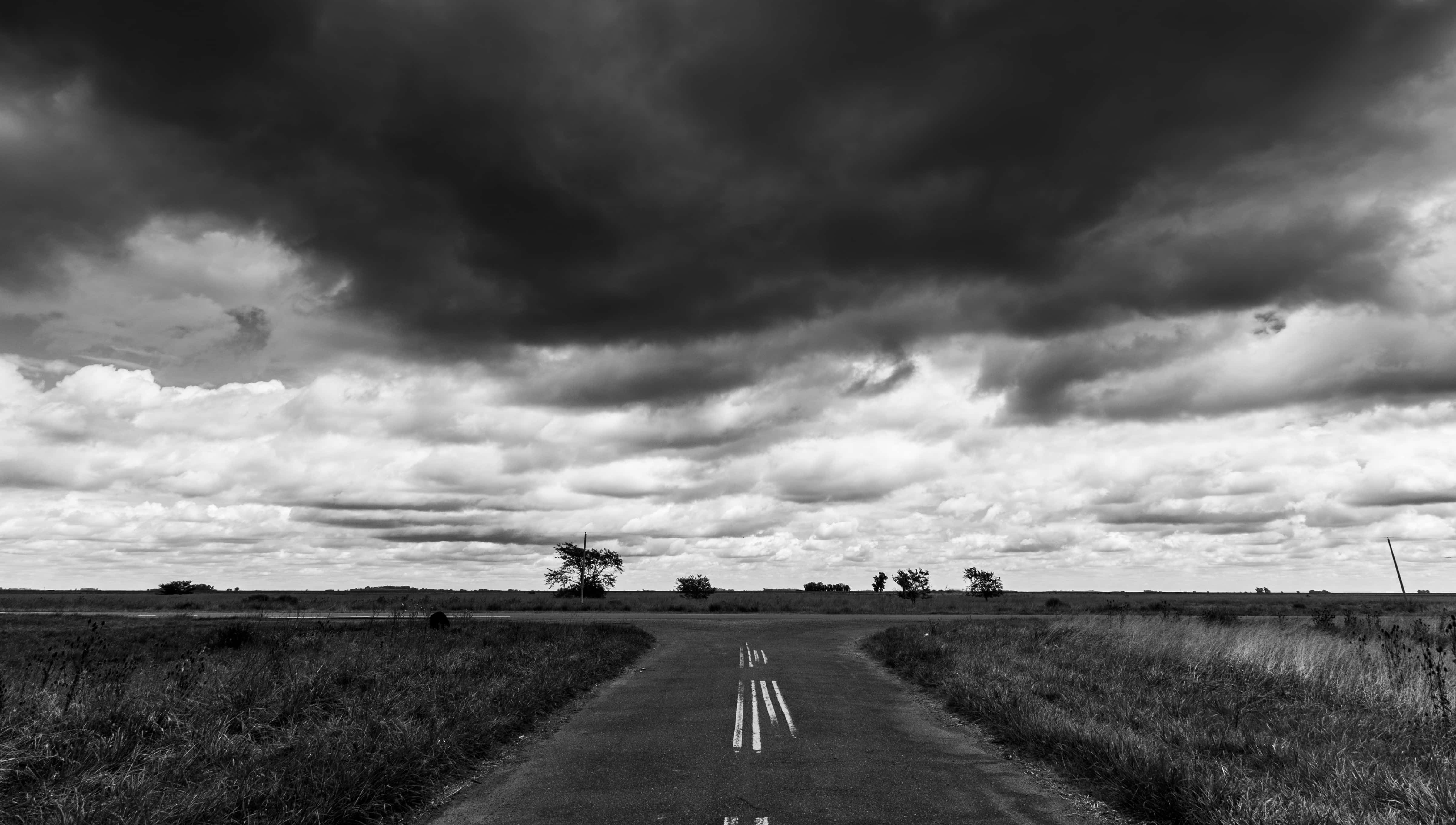 Dark Crossroad 桌布 壁紙 — 一條孤獨的道路在充滿厚重雲層的戲劇性單色天空下延伸至廣闊的田野。