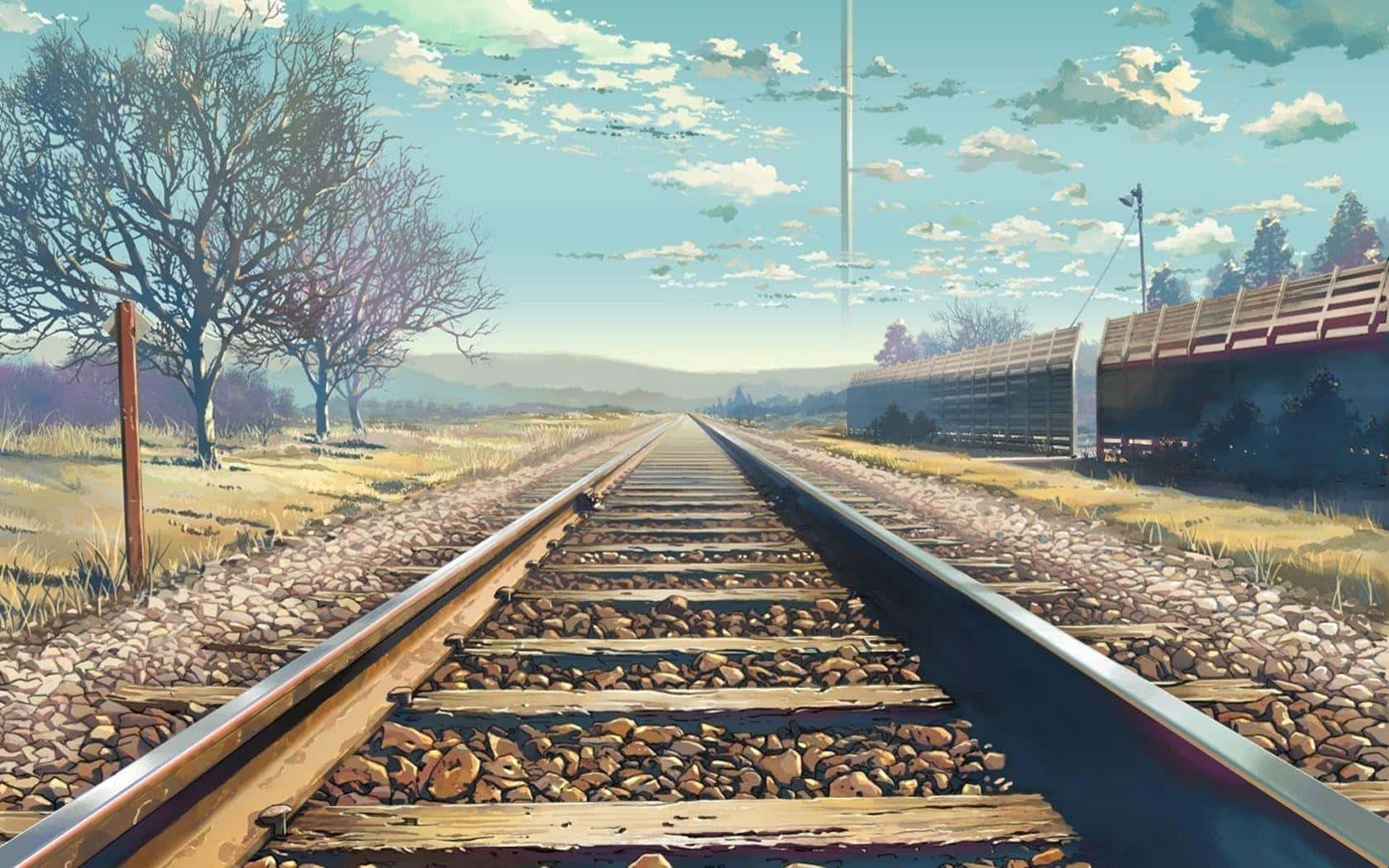 Makoto Shinkai 桌布 壁紙 — 一條寧靜的動畫風格鐵路軌道在晴朗藍天和蓬鬆雲朵下延伸至遠方。