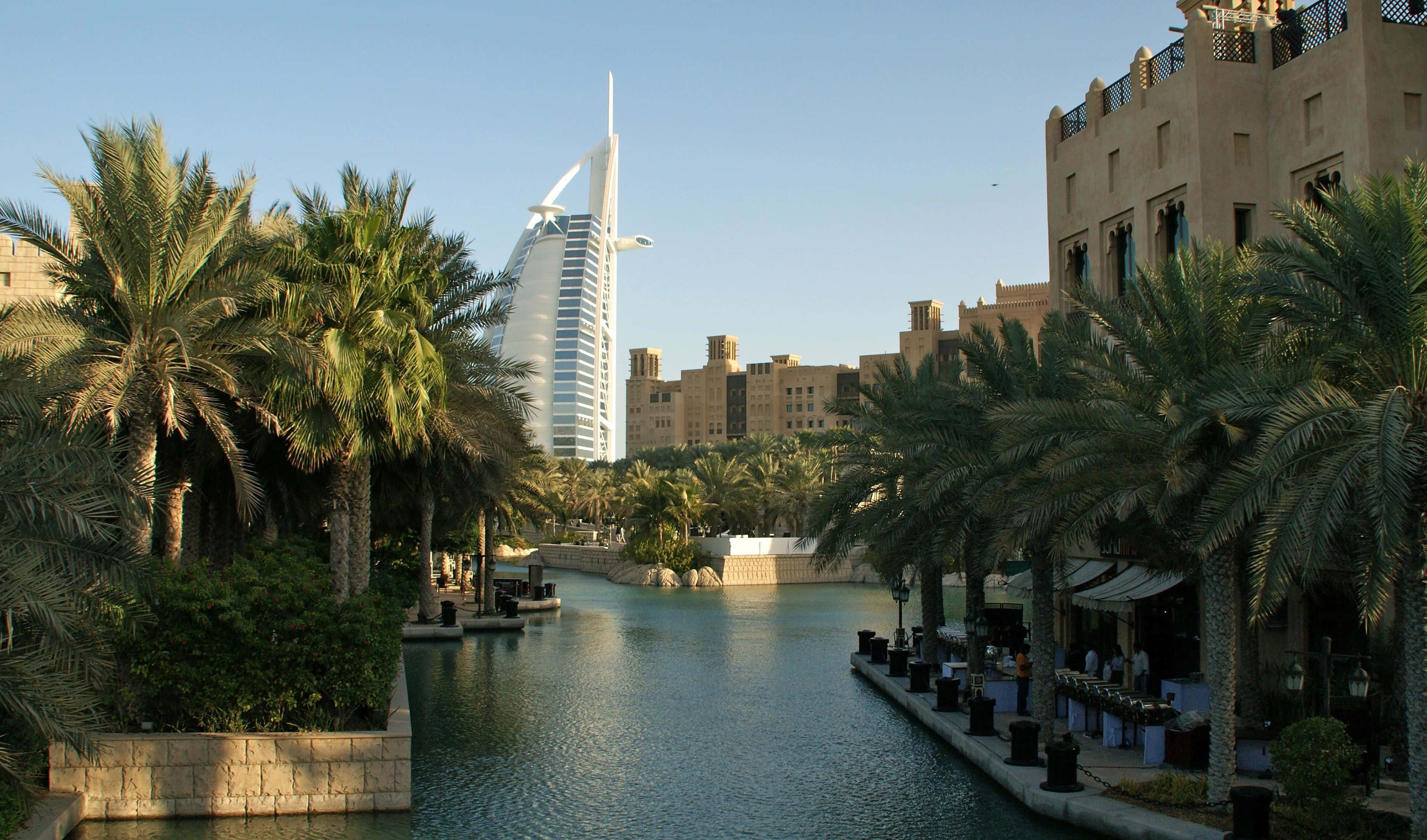 Dubai 桌布 壁紙 — 一條寧靜的運河兩旁種滿棕櫚樹，在晴朗的藍天下通往標誌性的帆船酒店。