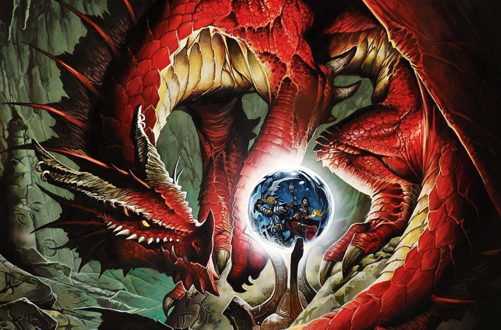 龍與地下城 桌布 壁紙 — 一條巨大的紅龍盤繞著一個發光的球體，球體內有身穿盔甲的戰士，位於洞穴般的巢穴中。