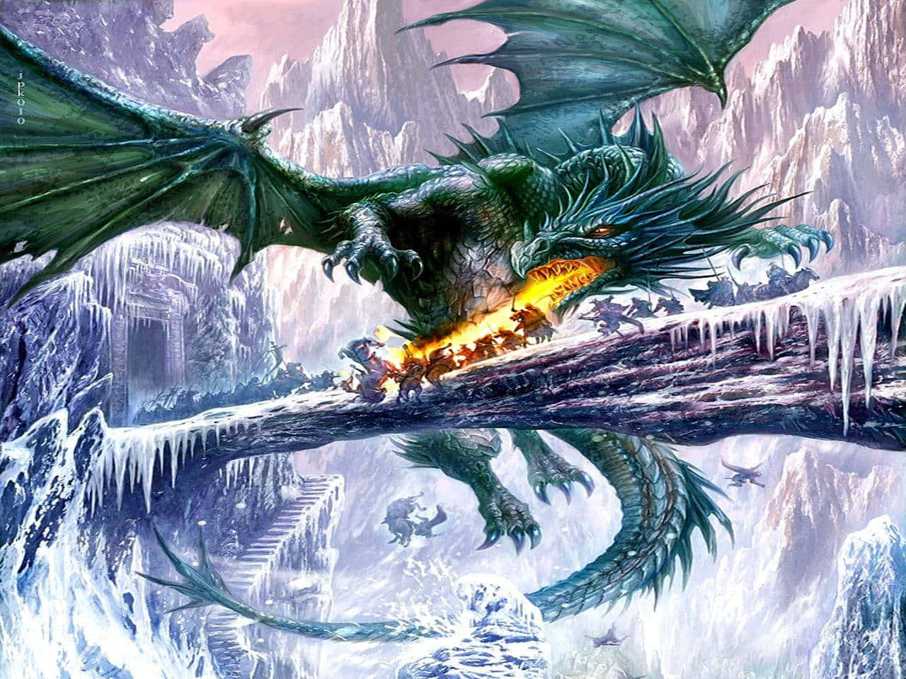 冰雪城堡 桌布 壁紙 — 一條巨大的綠色龍在冰凍的橋上噴火，而小戰士們在下方白雪皚皚的山區王國中逃竄。