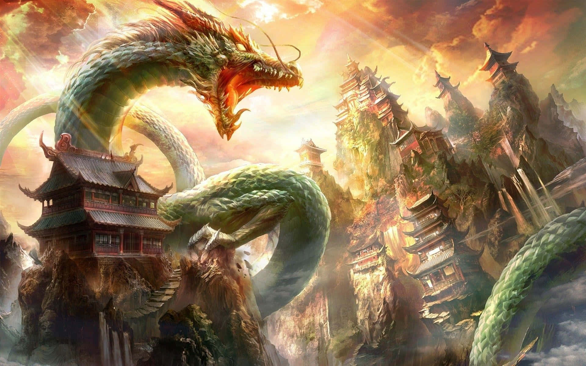 Yugioh Dragons 桌布 壁紙 — 一條巨大的綠色龍盤繞在霧氣繚繞的懸崖上的古老亞洲寺廟周圍，背景是火紅的日落天空。
