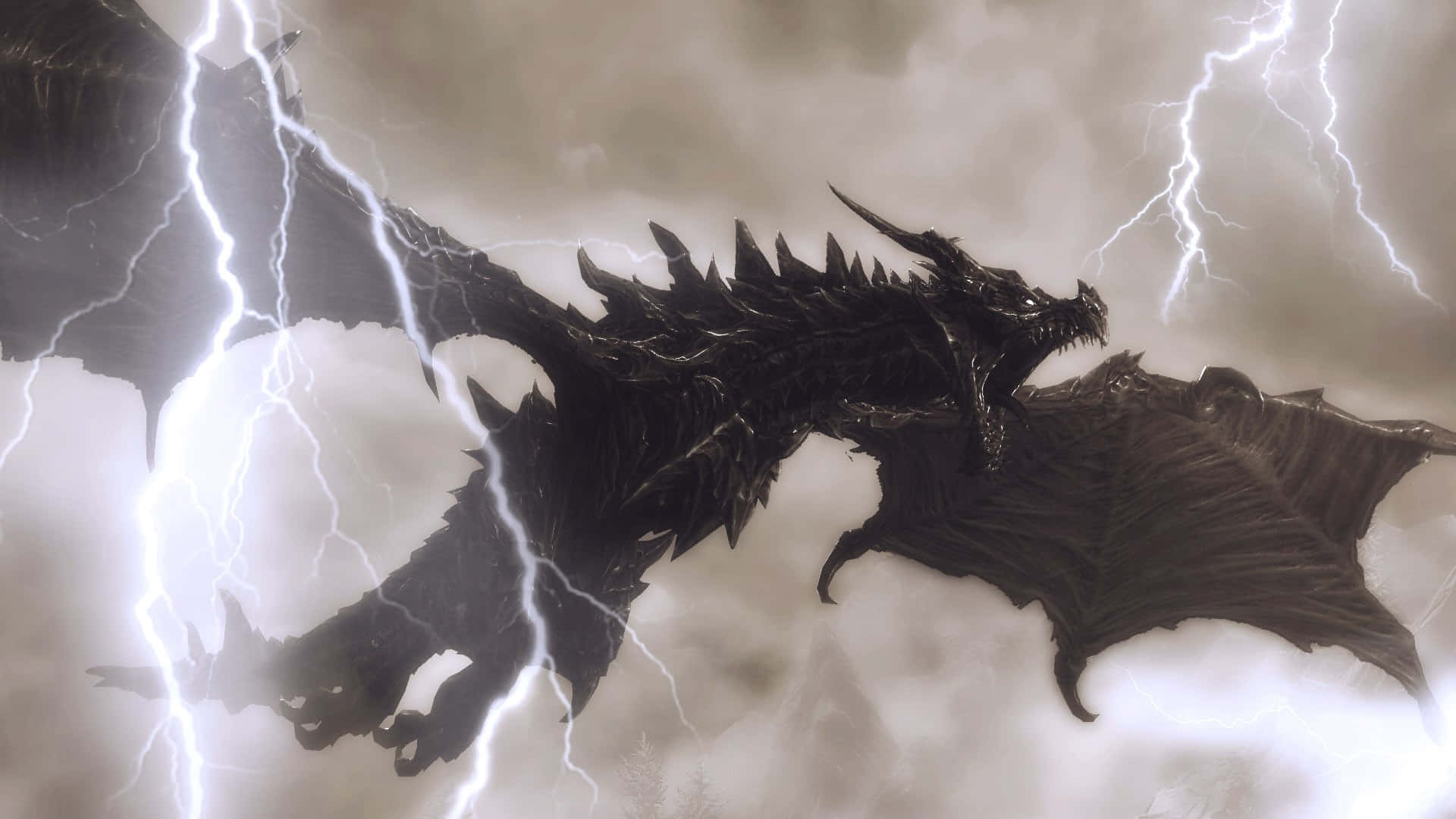 Skyrim Alduin 桌布 壁紙 — 一條巨大的黑色龍在暴風雨中翱翔，閃電在其帶刺的翅膀和威嚇形態周圍分叉。