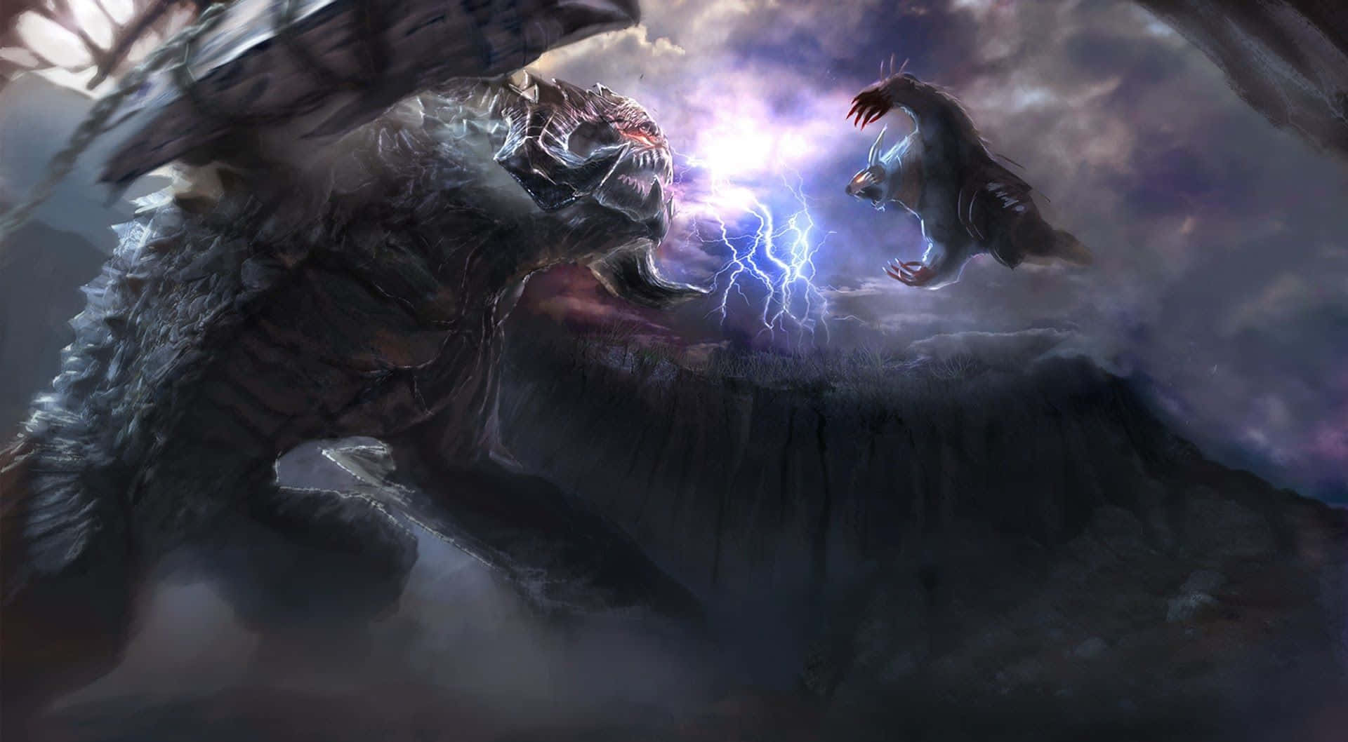 Dota 桌布 壁紙 — 一條巨龍和一隻較小的野獸在風暴天空中碰撞，噼啪作響的閃電照亮了它們激烈的戰鬥。