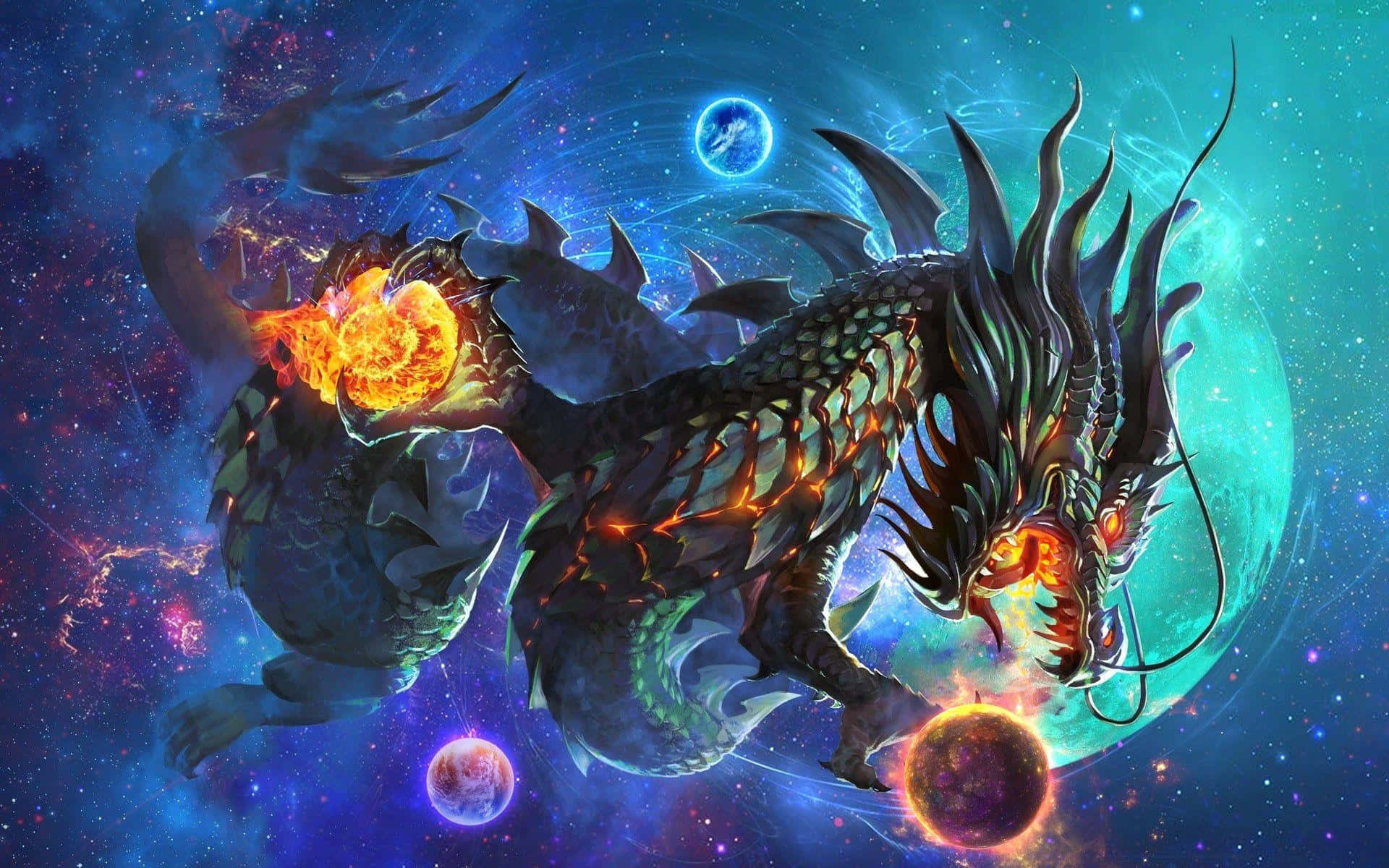 火之翼 桌布 壁紙 — 一條帶有發光橙色鱗片的火龍，穿過宇宙星雲和漂浮的行星噴射火焰。
