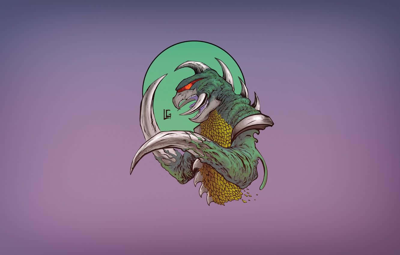 Gigan 桌布 壁紙 — 一條帶有發光紅眼和鋒利爪子的兇猛綠色龍從一個青色圓圈中出現，背景是紫色漸變。
