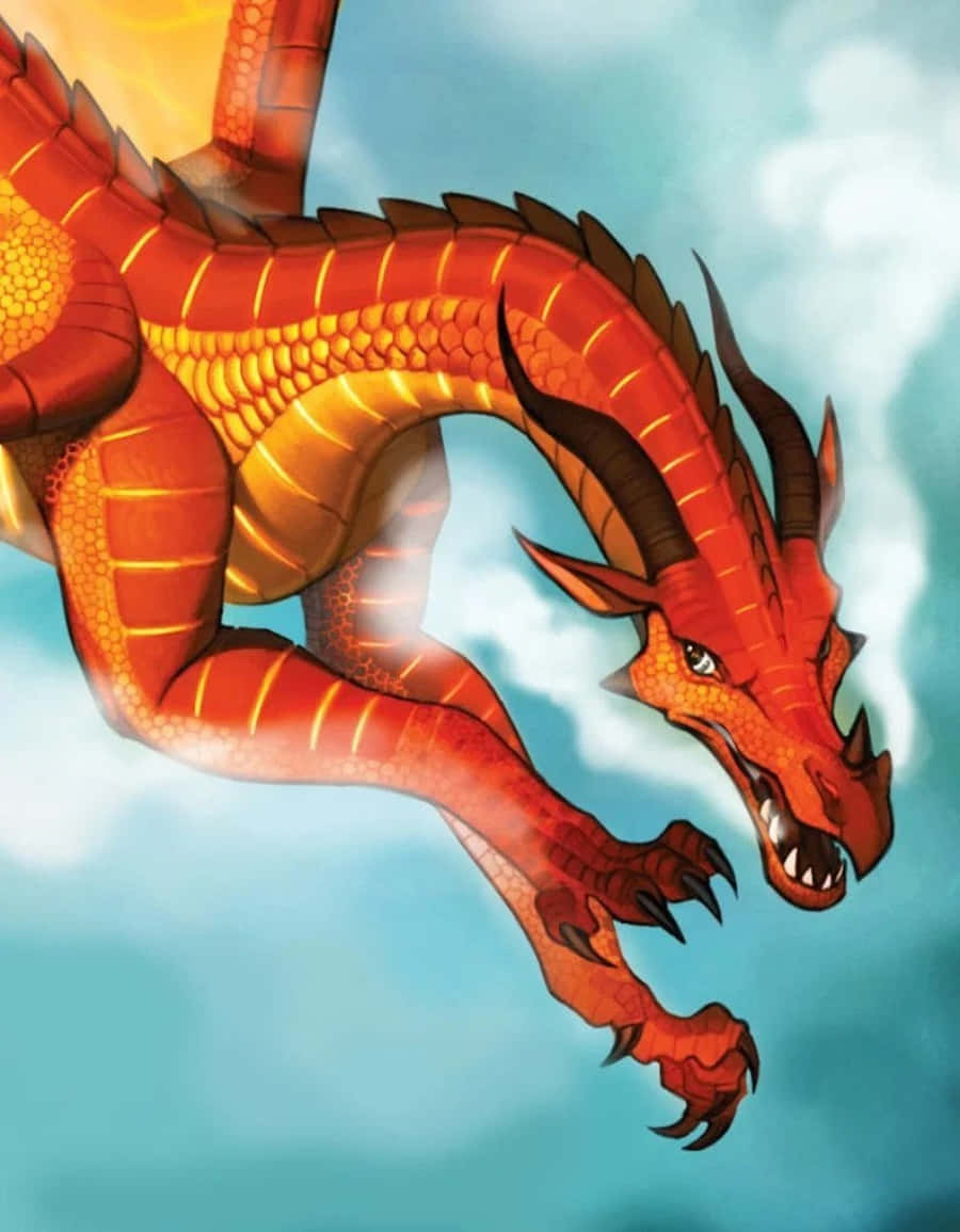 Wings Of Fire 桌布 壁紙 — 一條帶有發光鱗片的火橙色龍在藍天白雲中翱翔。