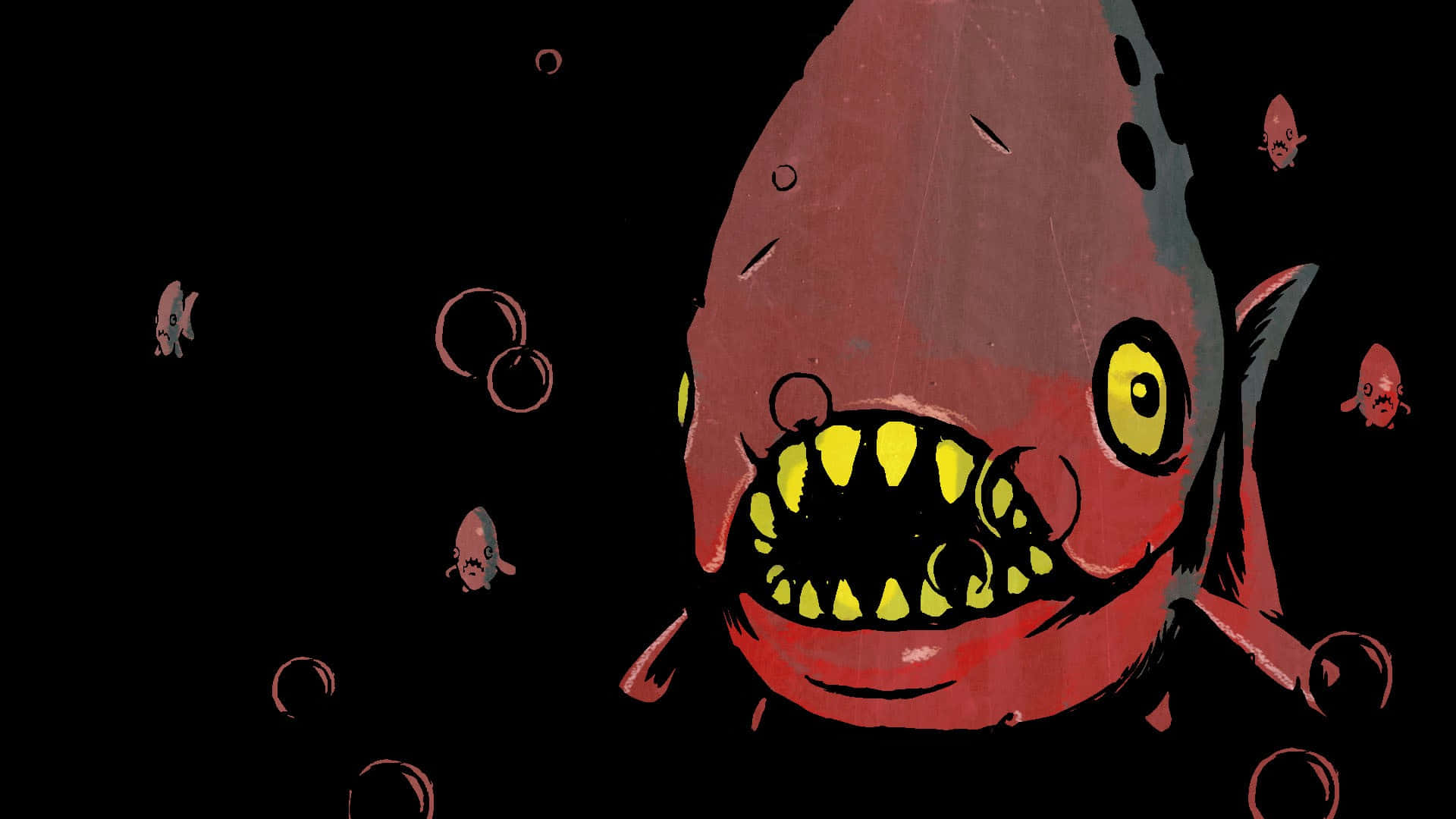 Cartoon Horror 桌布 壁紙 — 一條帶有發光黃色眼睛和尖銳牙齒的兇猛紅魚，在黑暗的水中游動，周圍環繞著氣泡和小魚。