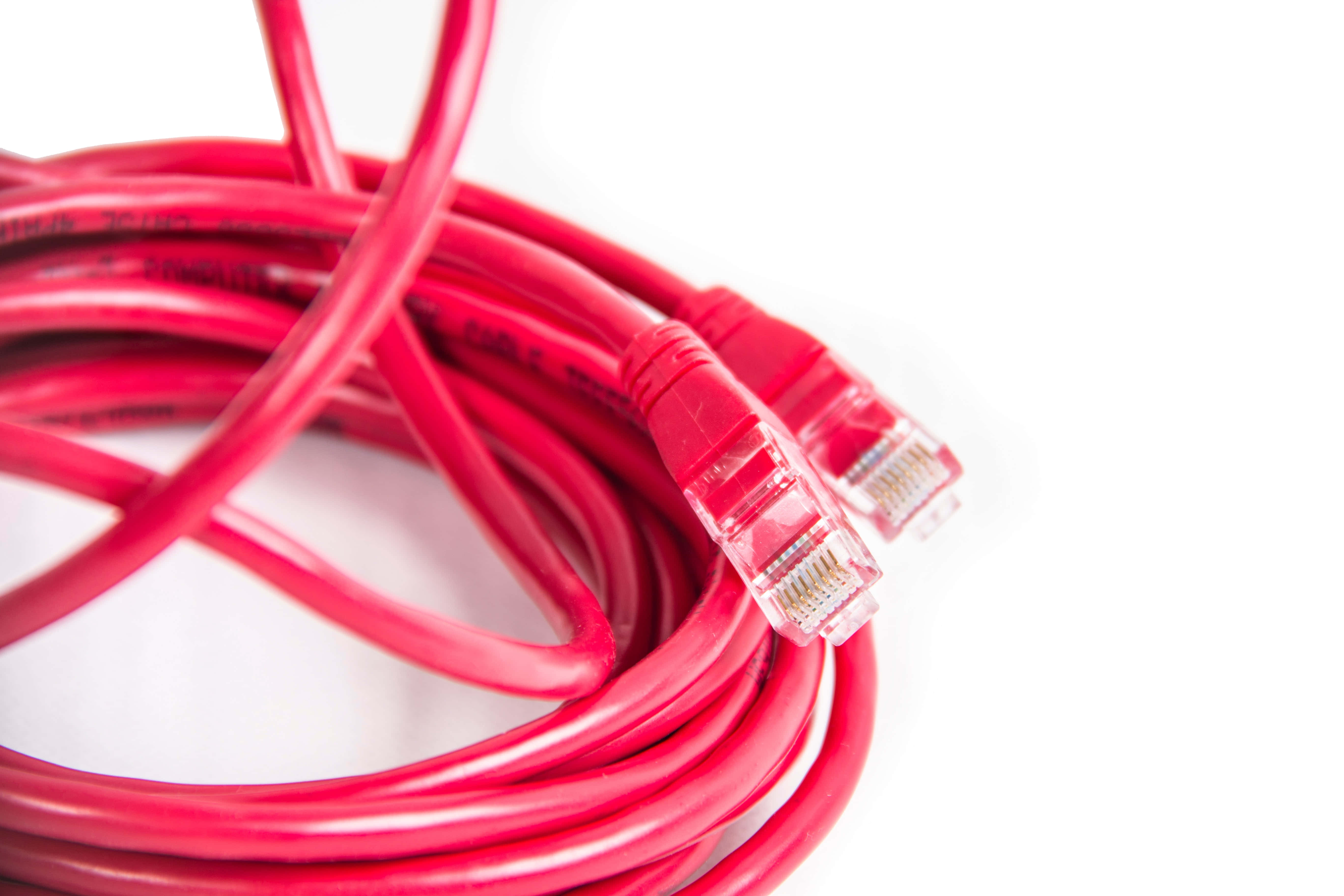Ethernet 桌布 壁紙 — 一條帶有透明連接器的紅色以太網電纜盤繞在純白色背景上。