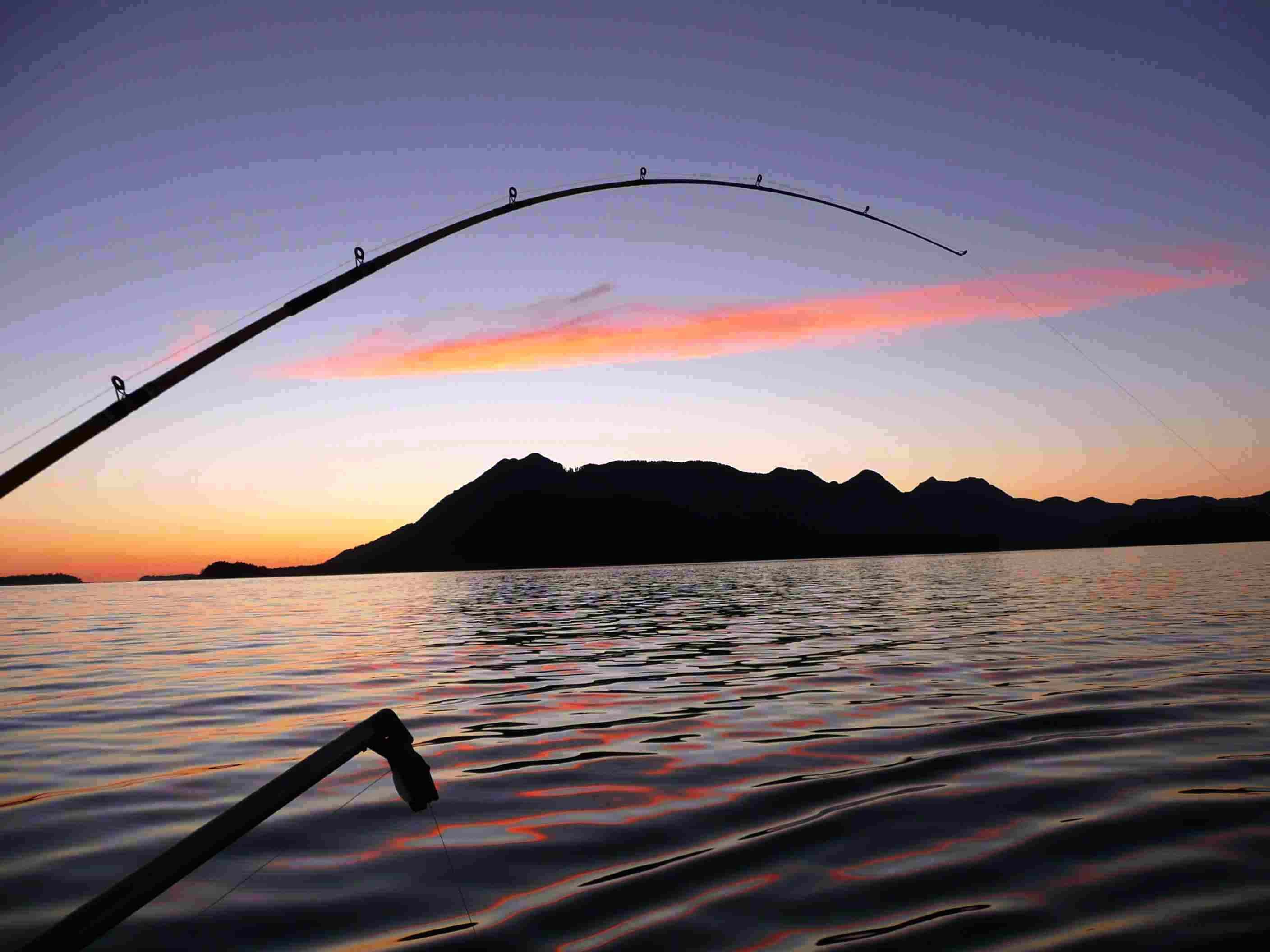 Fishing Rod 桌布 壁紙 — 一條彎曲的魚竿在平靜的水面和遠山之上，以鮮豔的日落天空為背景形成剪影。