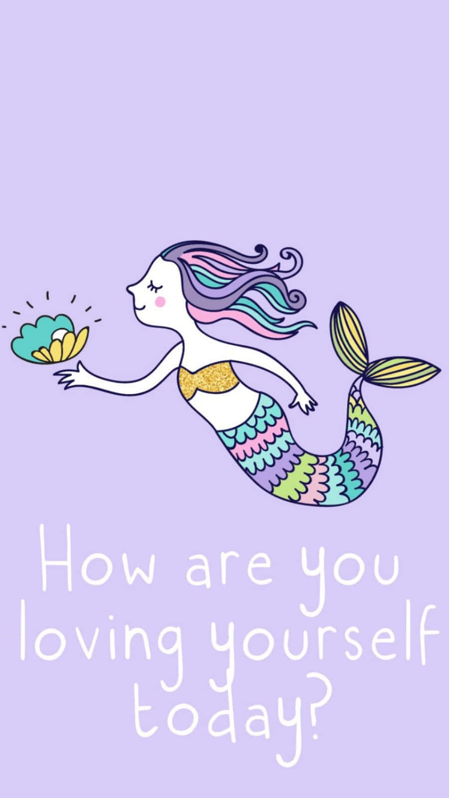 Self Care 桌布 壁紙 — 一條快樂的卡通美人魚，擁有彩虹色的頭髮和尾巴，溫柔地拿著一個發光的貝殼，背景是柔和的薰衣草色。