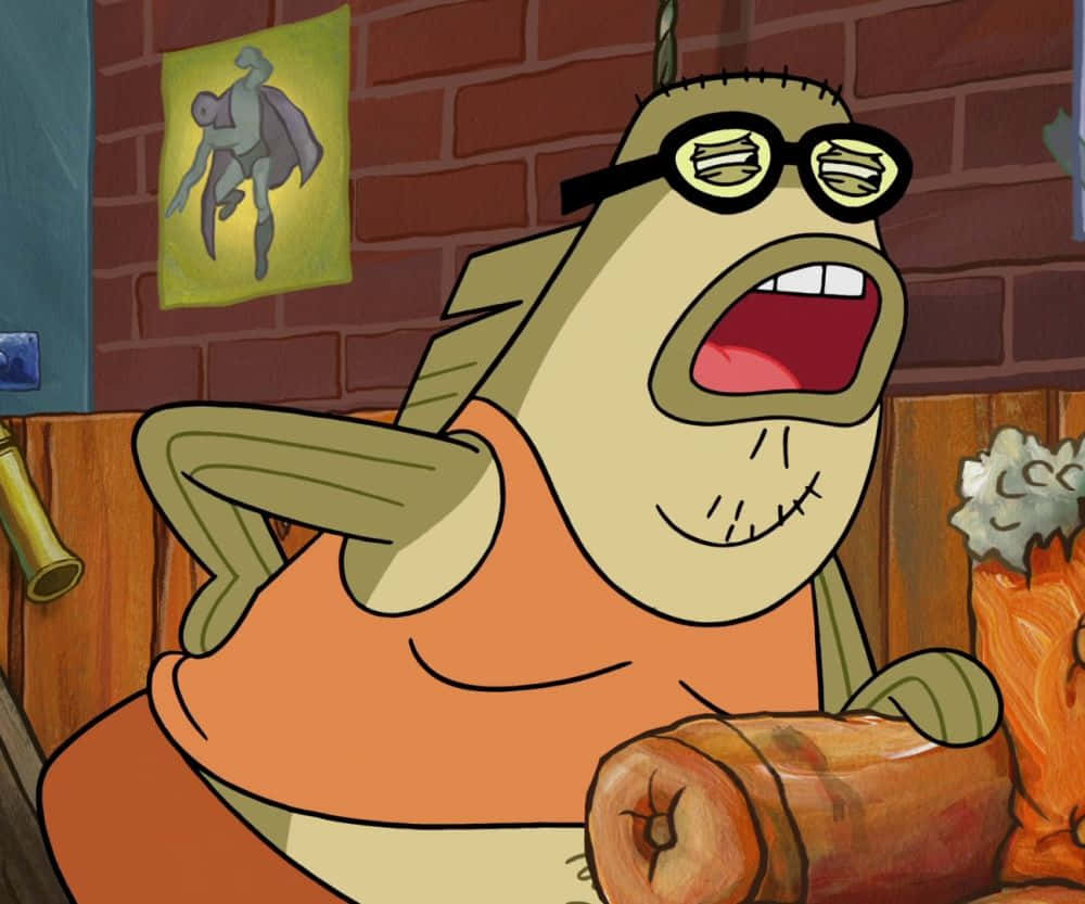Bubble Bass 桌布 壁紙 — 一條戴眼鏡和橙色背心的卡通魚在磚牆房間裡對著牆上的海報快樂地尖叫。