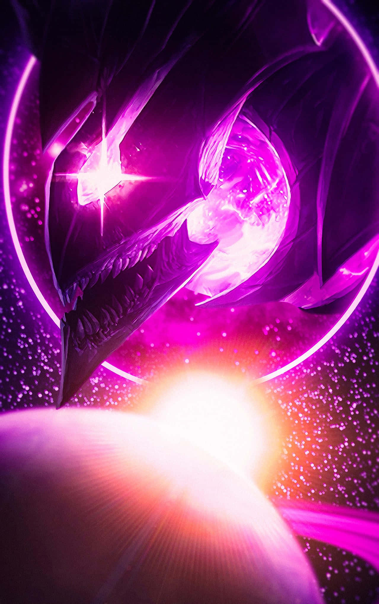 Power Stone 桌布 壁紙 — 一條擁有發光紫色眼睛和鋒利牙齒的宇宙龍從旋轉星雲中出現，背景是繁星點點的太空。