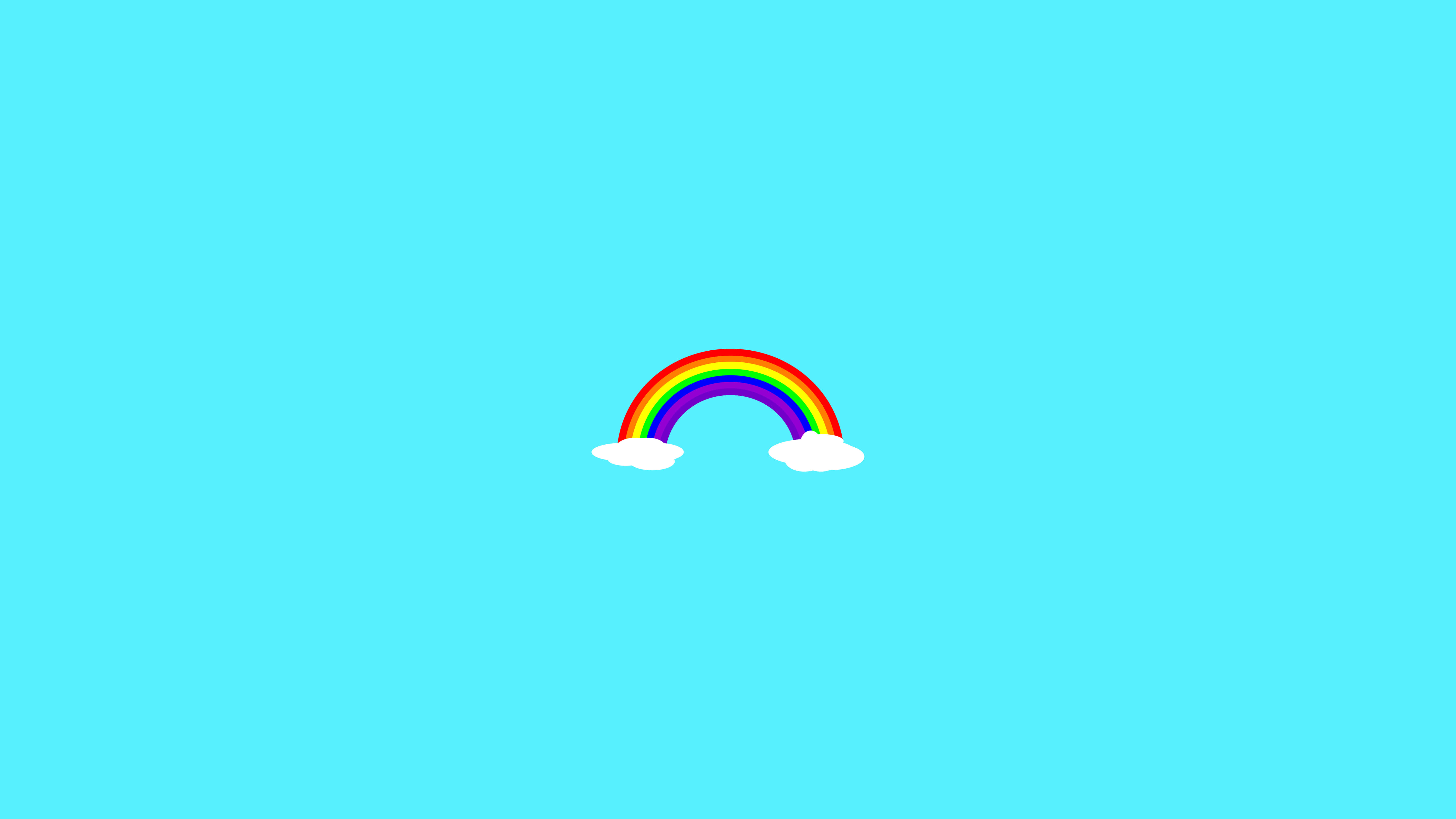 Minimalist Colorful 桌布 壁紙 — 一條明亮的卡通彩虹，帶有紅、橙、黃、綠、藍和紫色的弧線，懸浮在兩朵蓬鬆的白雲之間，背景是純青色天空。
