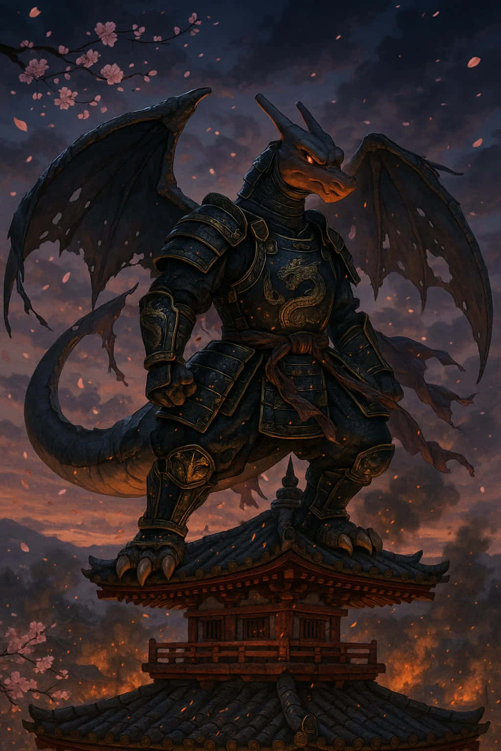 Charizard Pokemon HD Wallpaper WEBP 4K Background Download 壁紙 — 一條暗黑裝甲龍，眼睛發出橙色光芒，站在燃燒的日本寶塔頂上，櫻花在暮色天空下飄落。