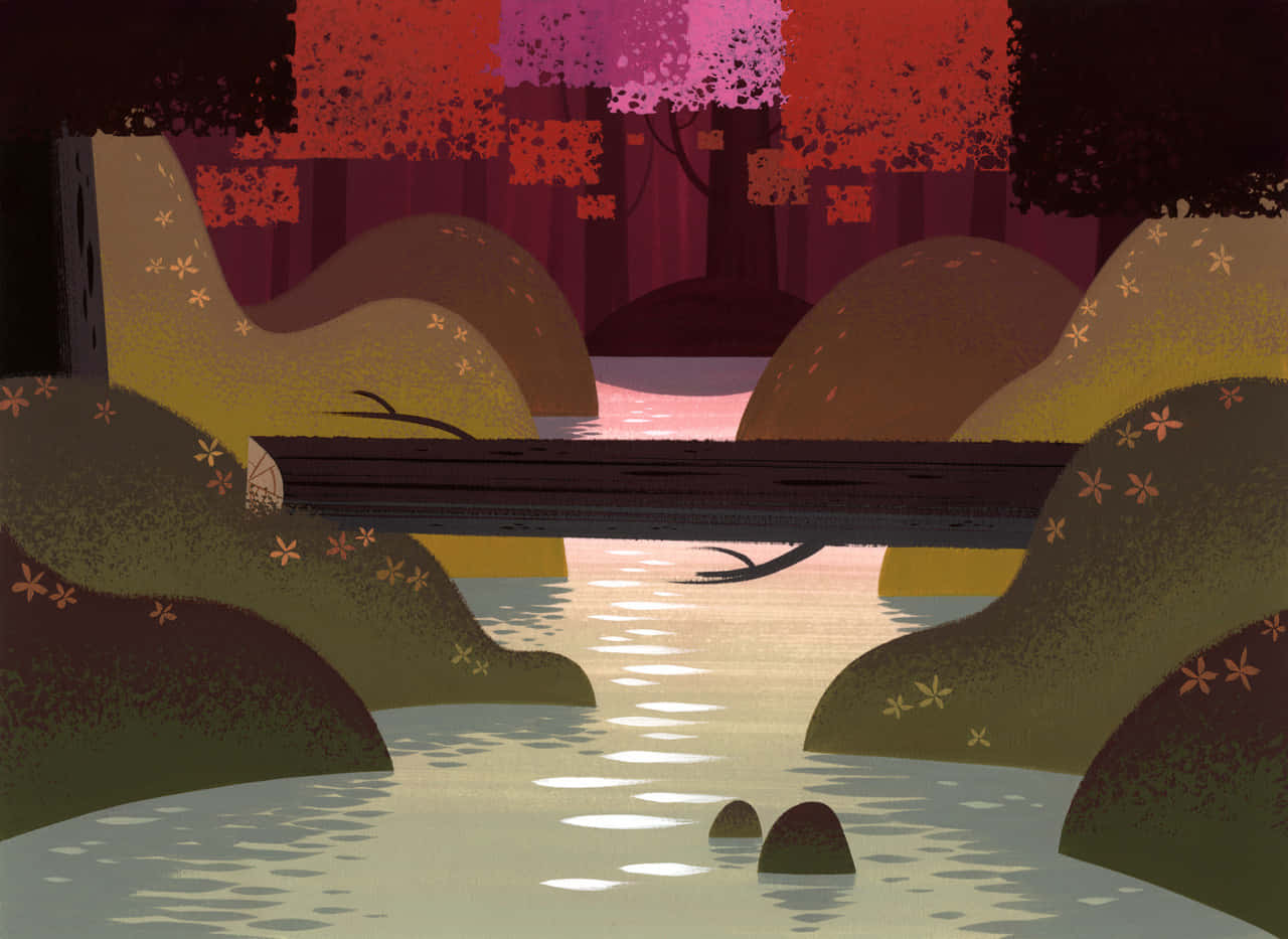 samurai jack 桌布 壁紙 — 一條木橋橫跨森林中一條平靜的小溪，周圍有秋天的樹木和發光的倒影。
