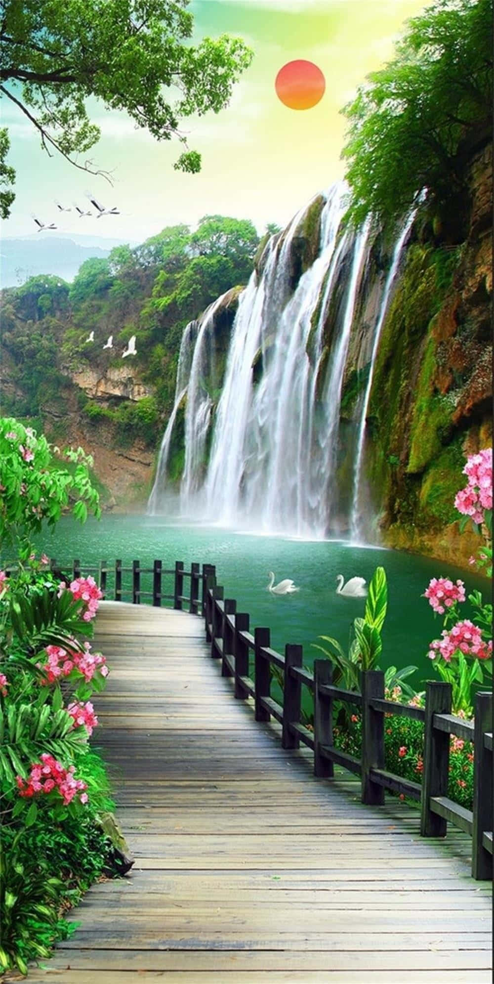 3d Waterfall 桌布 壁紙 — 一條木製步道蜿蜒穿過充滿活力的粉紅色花朵，通往在熾熱橙色太陽下的瀑布。