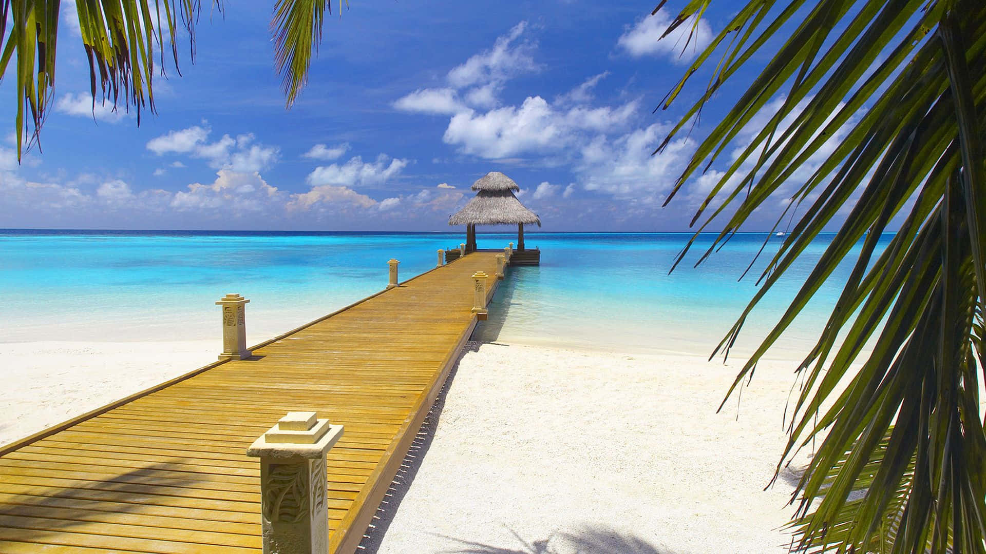 Bahamas Beach 桌布 壁紙 — 一條木製碼頭延伸向一個茅草屋頂的亭子，位於碧綠色的潟湖上，周圍環繞著棕櫚葉，在明亮的藍天下。