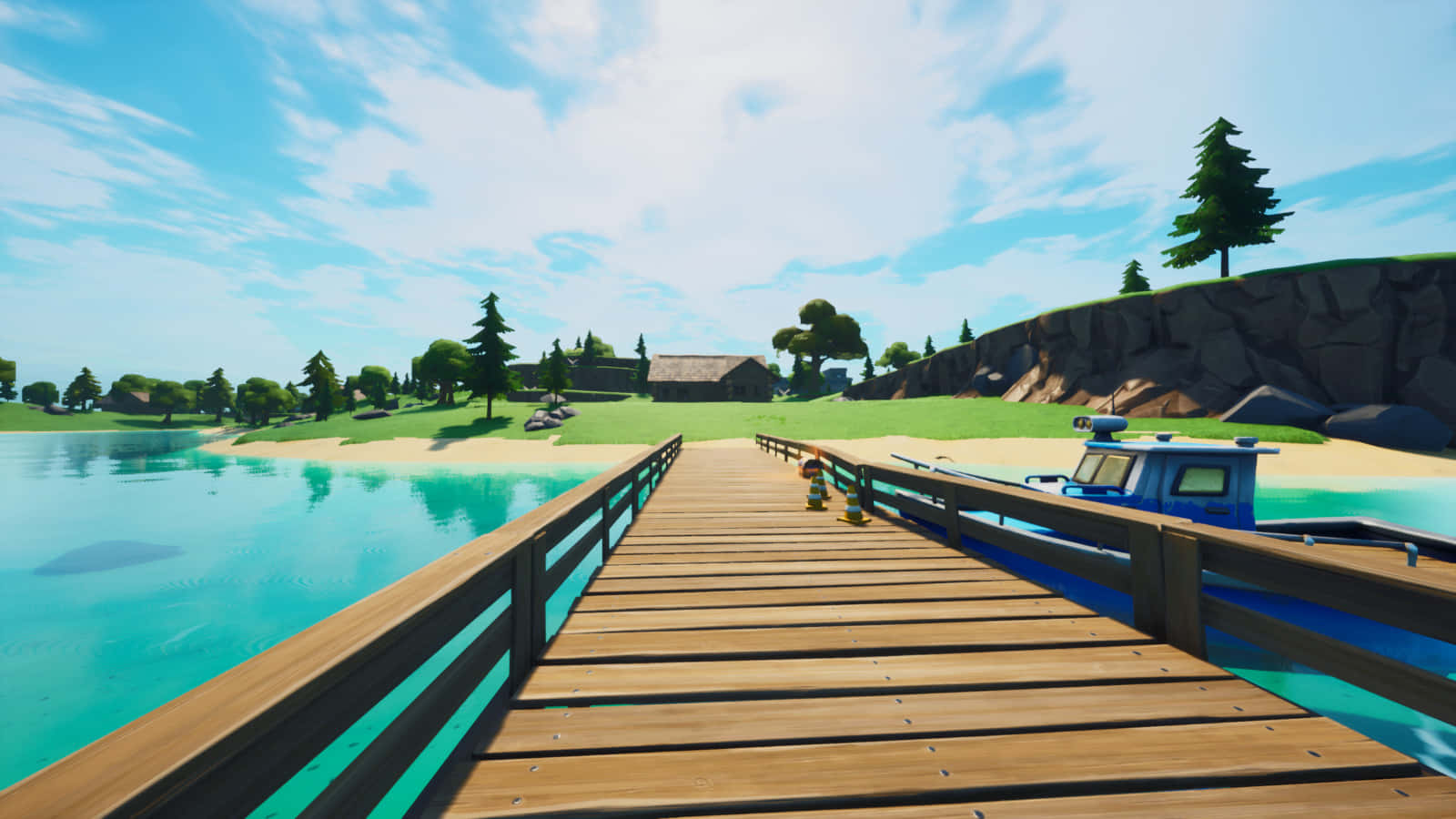 Fortnite Chapter 3 桌布 壁紙 — 一條木製碼頭延伸在碧綠色的水面上，通往一個有木屋和樹木的草地岸邊，上方是明亮的藍天。