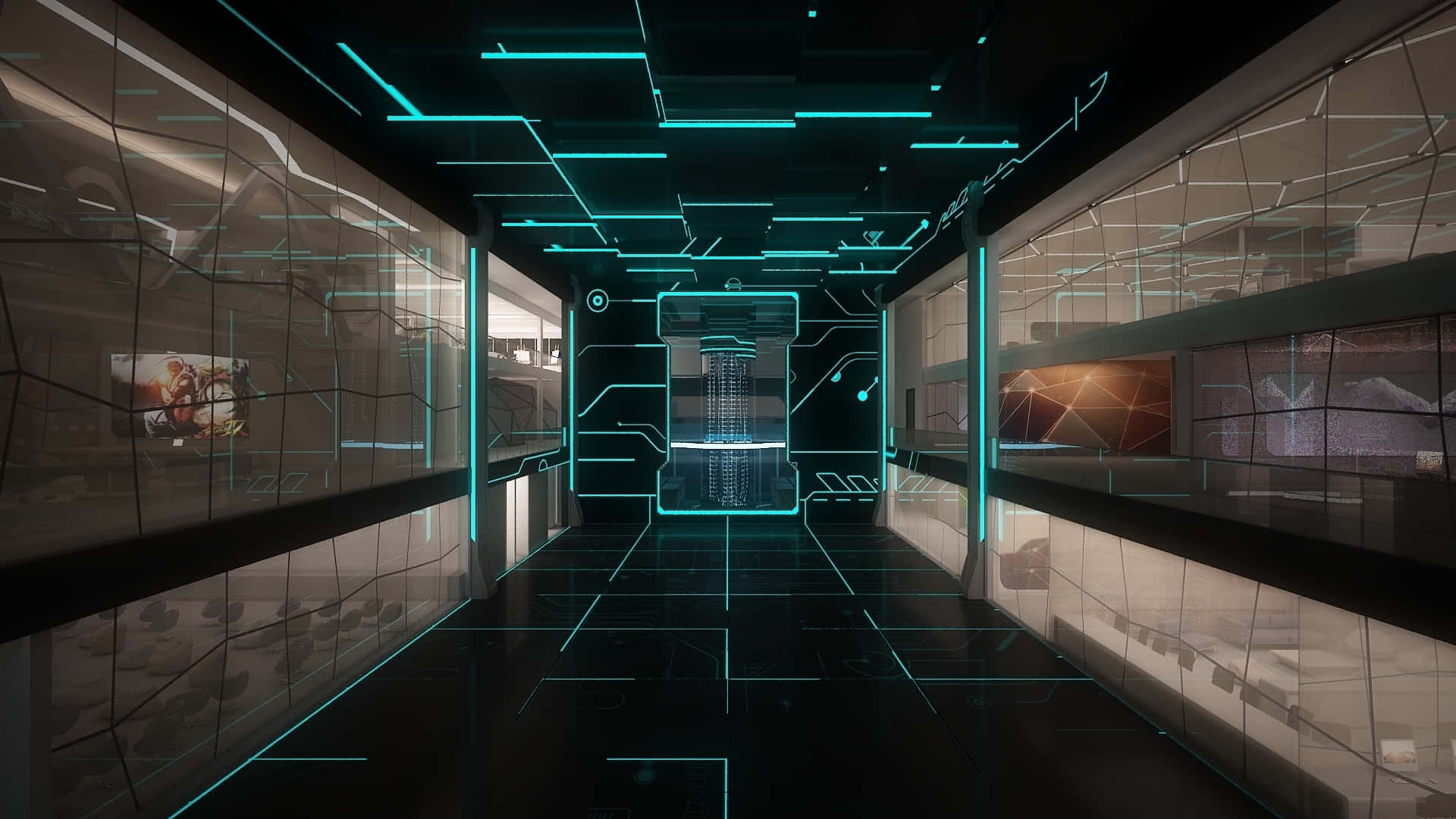 Space Technology 桌布 壁紙 — 一條未來主義的走廊，反射性牆壁和地板上帶有發光的青綠色電路線條，通往一個數碼傳送門。