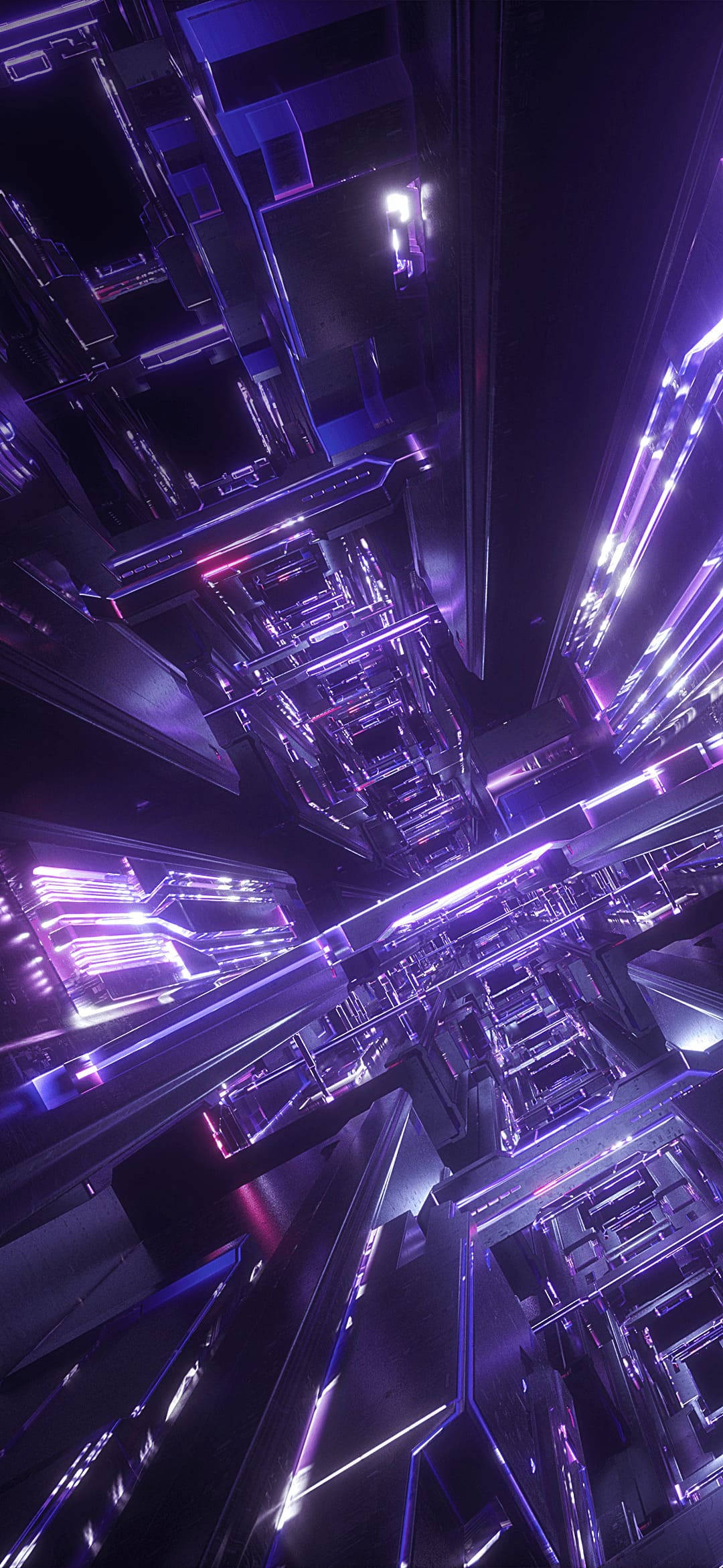 科技 桌布 壁紙 — 一條未來風格的 cyberpunk 走廊，發光的紫色霓虹燈在金屬表面上反射，形成對稱且無限的隧道。