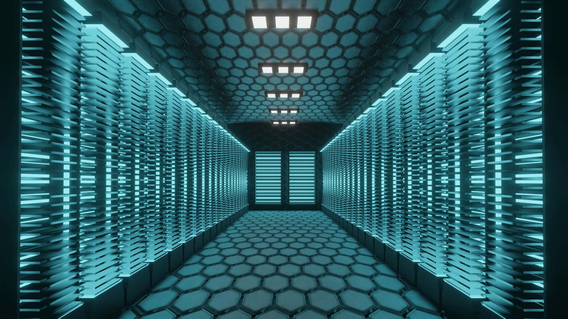 Gaming Servers 桌布 壁紙 — 一條未來風格的六邊形走廊，帶有發光的藍色面板和天花燈，向遠方延伸。