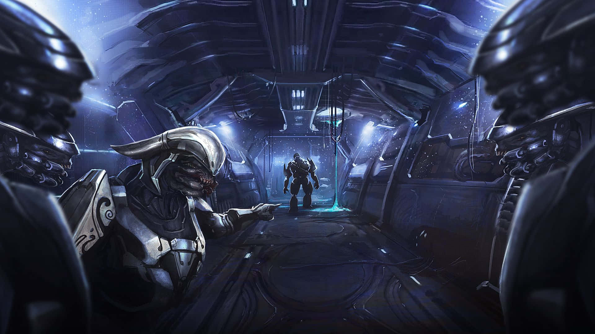 Halo Covenant 桌布 壁紙 — 一條未來風格的太空船走廊，身穿深色金屬套裝的裝甲外星人身影，在發光的藍色燈光下，面對著遠處的人形戰士。