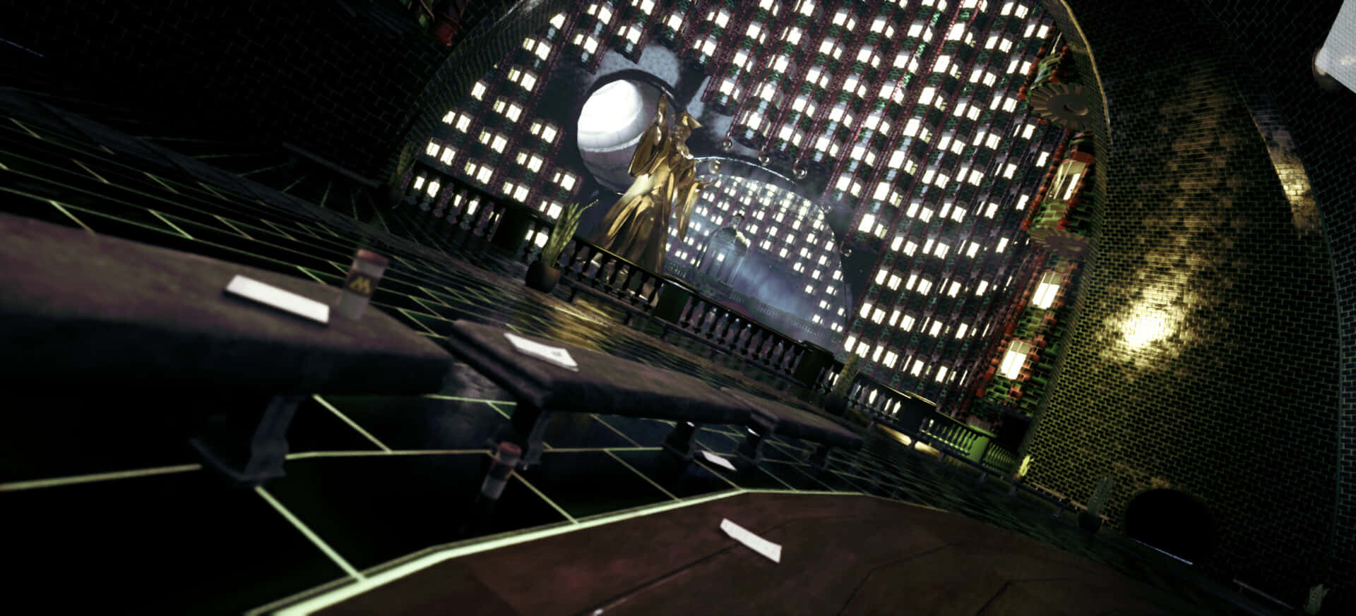 The Ministry Of Magic 桌布 壁紙 — 一條未來風格的數碼走廊，設有發光網格地板和高聳的照明面板，上方懸浮著一顆發光球體。