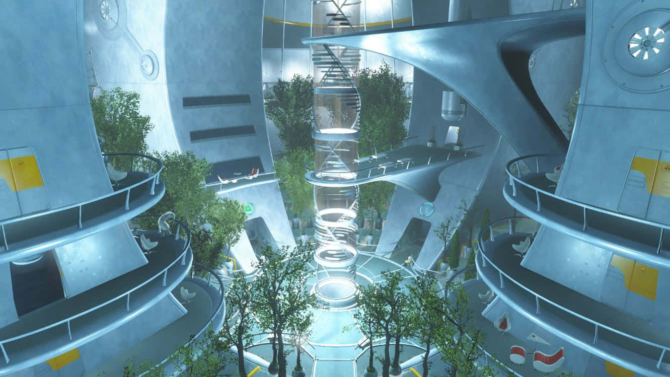 Fallout 4 Institute 桌布 壁紙 — 一條未來風格的銀色螺旋樓梯穿過一個多層中庭，中庭內佈滿茂密的綠色樹木和發光的圓形平台。