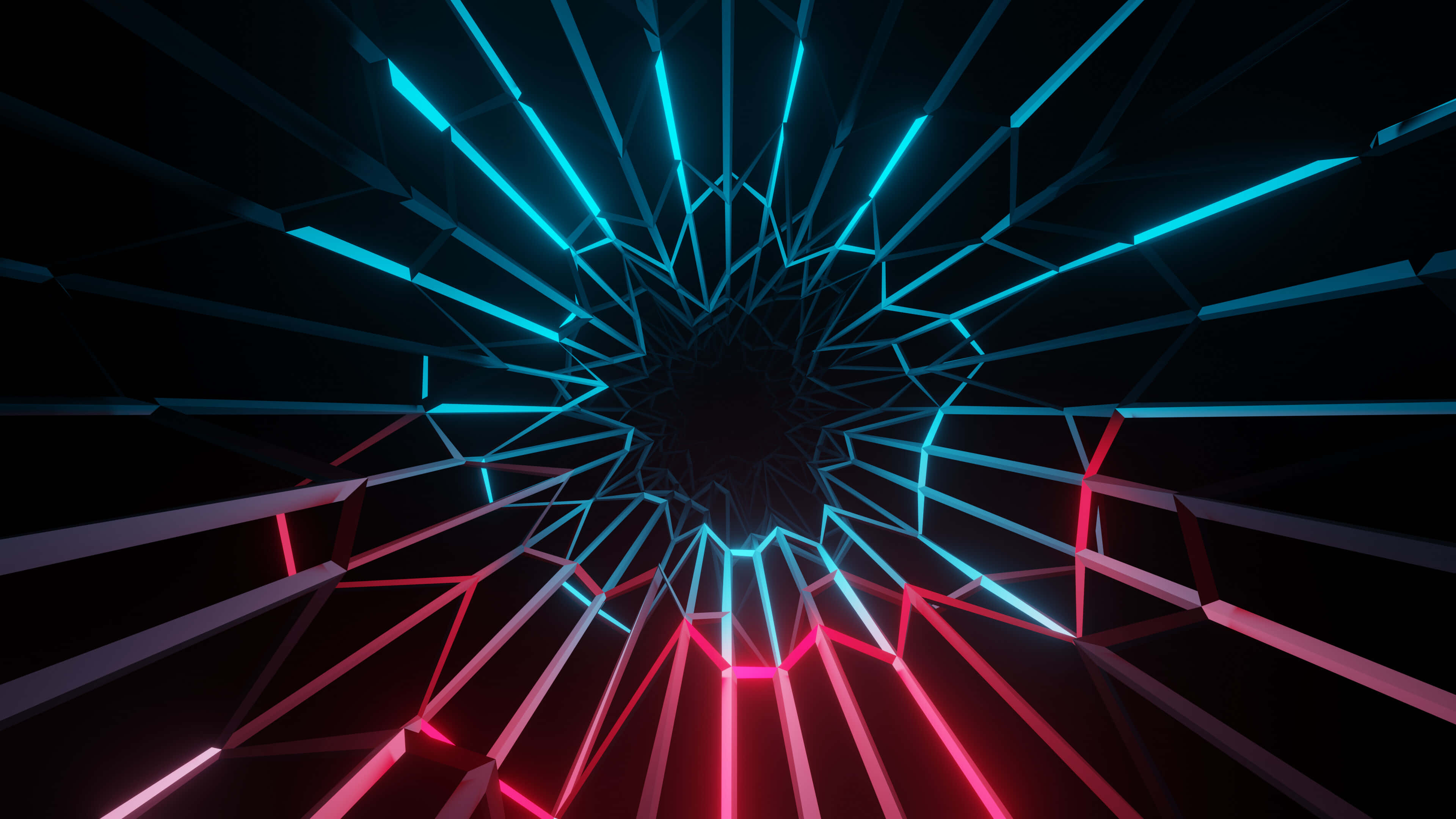 Dark Abstract Art 桌布 壁紙 — 一條未來風格的隧道，由發光的藍色和粉紅色霓虹線條匯聚成黑暗中心，背景是黑色虛空。