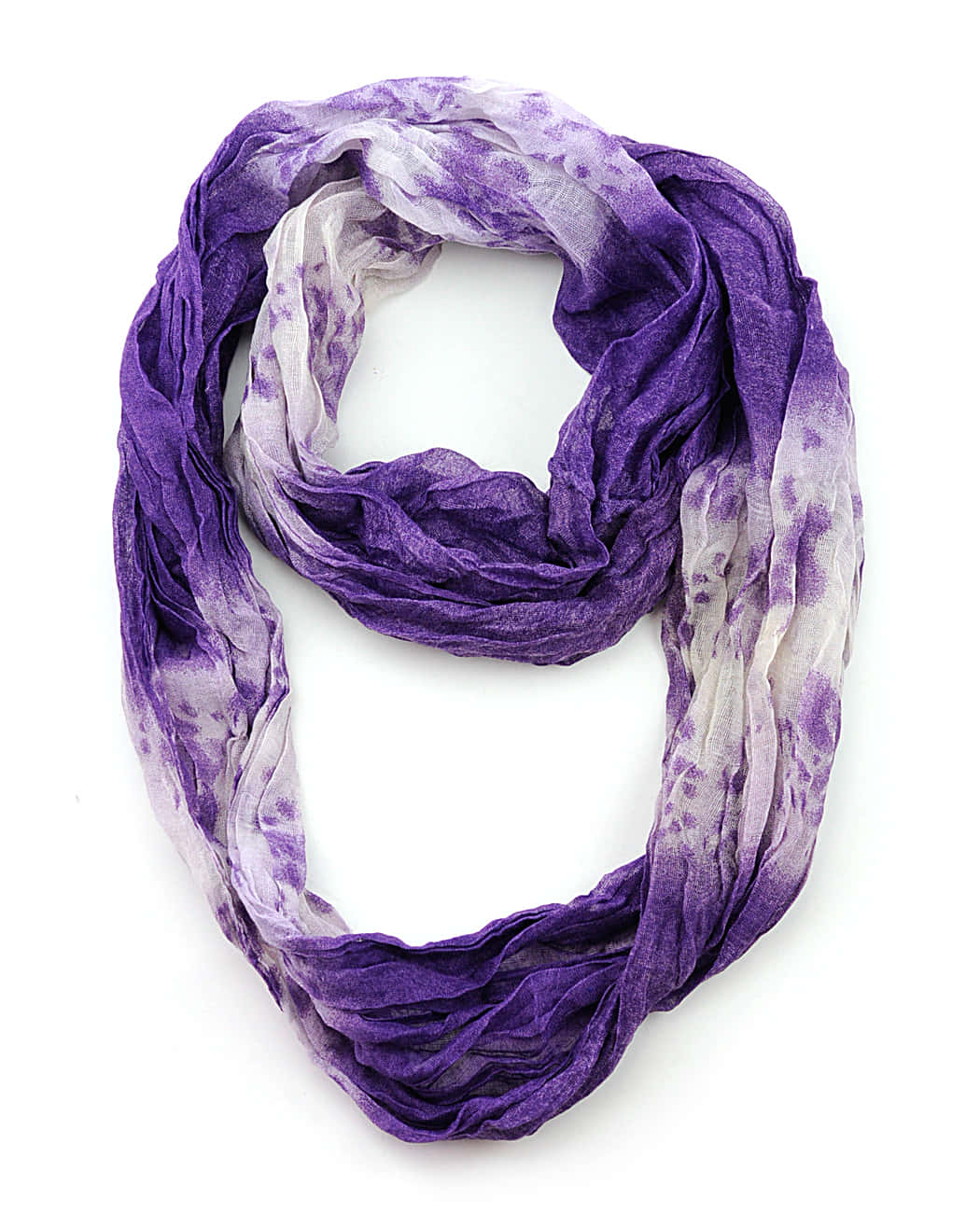 Purple Scarf 桌布 壁紙 — 一條柔軟的紫色和白色紮染無限圍巾，帶有柔和褶皺，盤繞在潔白的背景上。