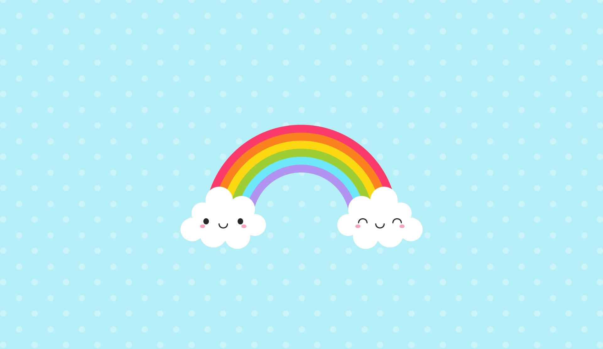 Kawaii Rainbow 桌布 壁紙 — 一條歡樂的卡通彩虹，帶有微笑的雲朵，拱形在淺藍色圓點背景上。