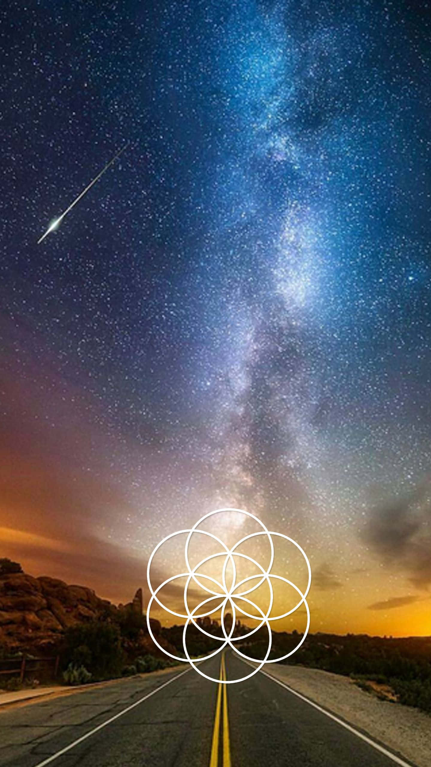 Sacred Geometry 桌布 壁紙 — 一條沙漠公路伸向充滿銀河和流星嘅暮色天空，上面有生命之花符號。