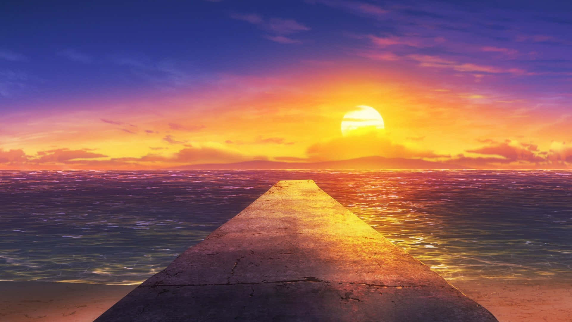 Anime Sunset 桌布 壁紙 — 一條混凝土碼頭延伸至海洋上充滿活力的日落，伴隨著發光的太陽和色彩繽紛的天空。