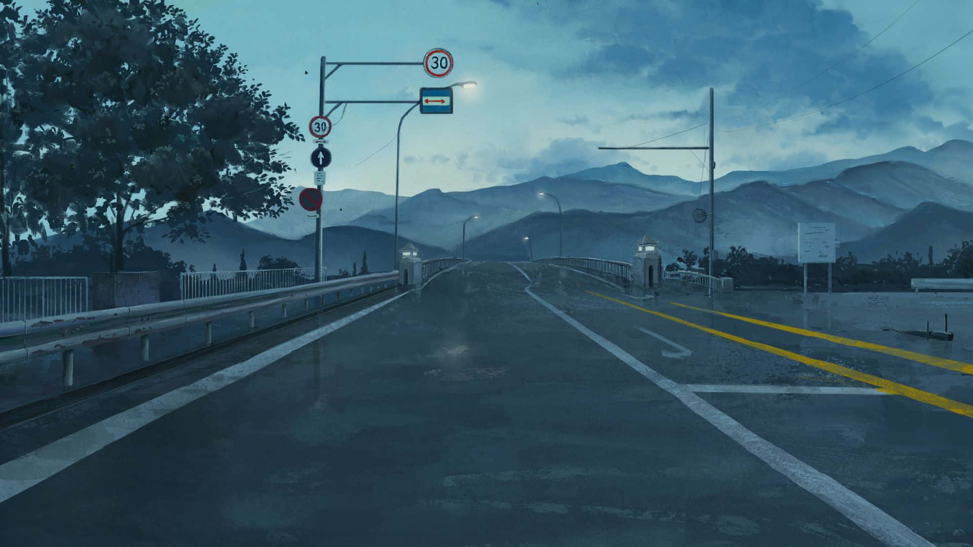 Only Yesterday 桌布 壁紙 — 一條濕漉漉的瀝青路在憂鬱的暮色天空下延伸向遠山，街燈閃爍著光芒。