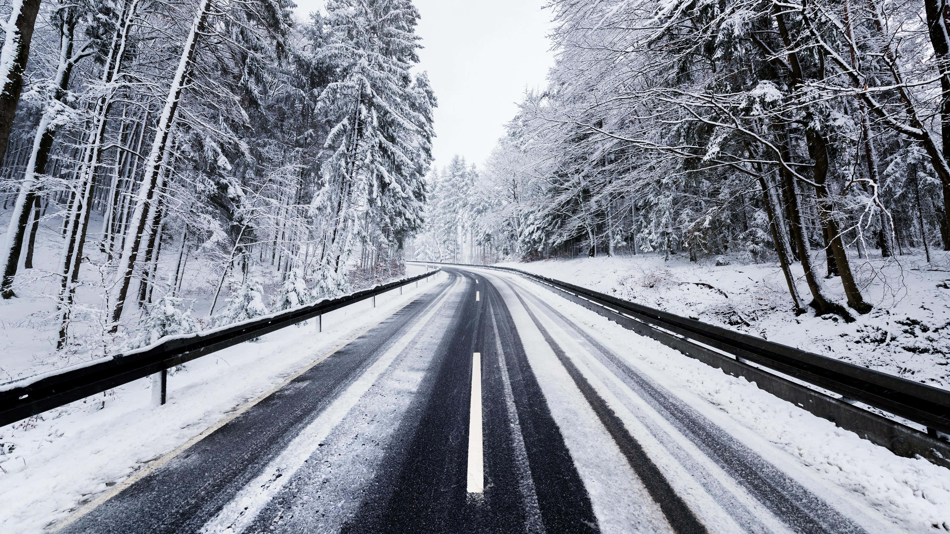 Icy Road 桌布 壁紙 — 一條灑滿雪的道路蜿蜒穿過茂密的冬季森林，高大的常綠樹被白雪覆蓋。