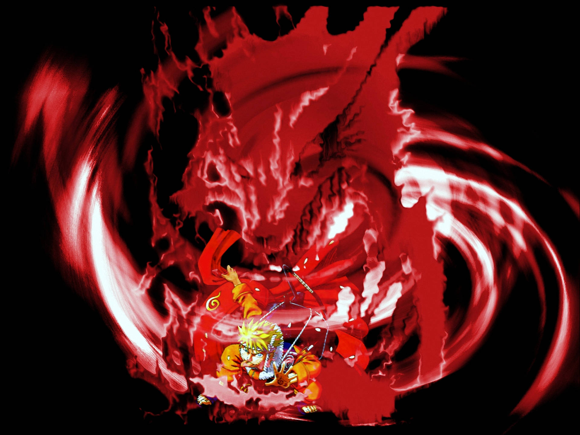 Kurama 桌布 壁紙 — 一條火紅色的查克拉龍圍繞著一個堅定的動漫忍者，在爆炸性的戰鬥場景中旋轉。