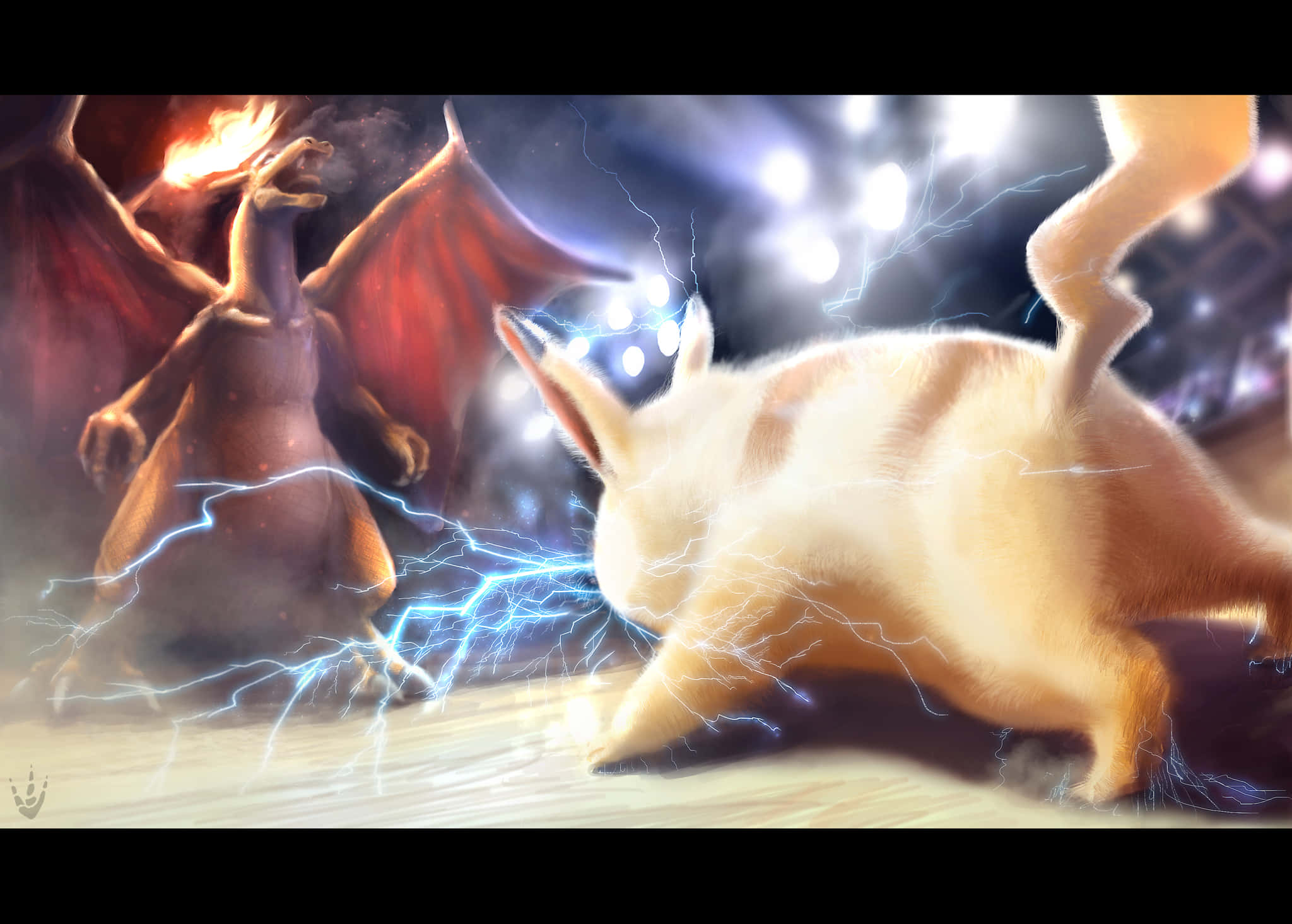 Pokemon Fan Art 桌布 壁紙 — 一條火紅色的龍和一隻發光的白色狐狸在戲劇性的戰鬥中對峙，它們之間有噼啪作響的藍色閃電。