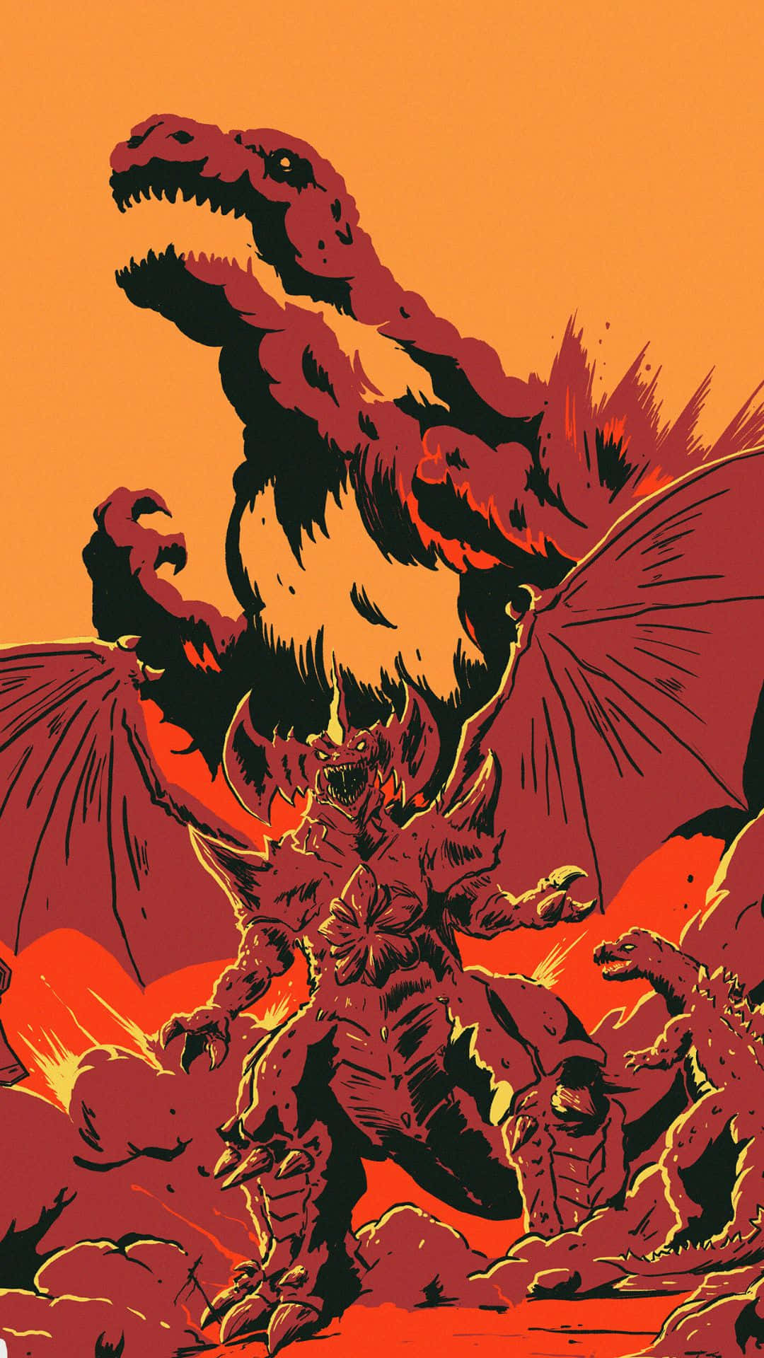 Godzilla Vs Destoroyah 桌布 壁紙 — 一條火紅色的龍與惡魔戰士在橙色天空下的火山廢墟中激烈交鋒。