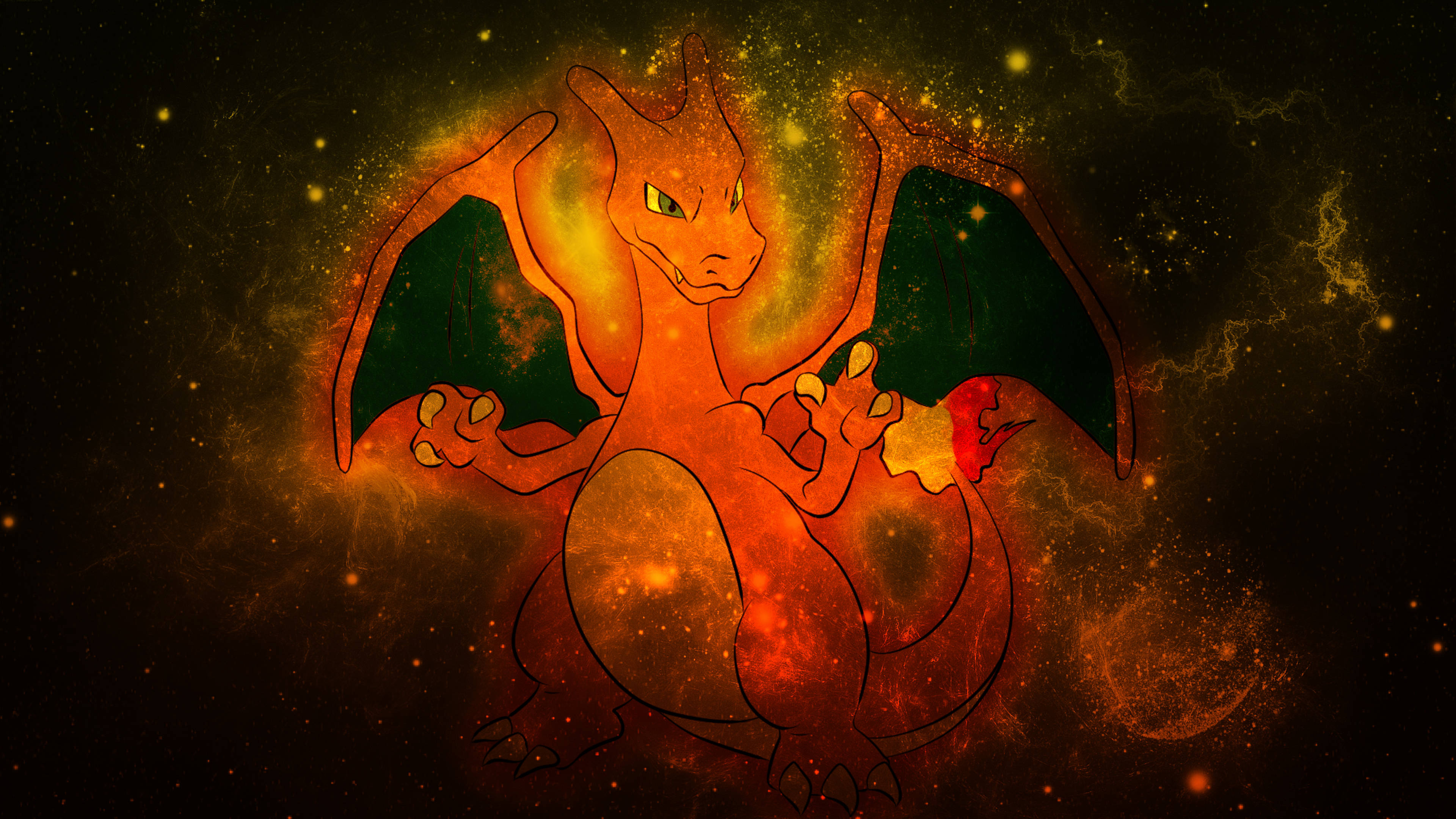 Feel the Magic of Charizard in this Translucent Galaxy 壁紙 — 一條火龍，眼睛發光，綠色翅膀，從橙色和金色星星的旋轉宇宙星雲中出現。