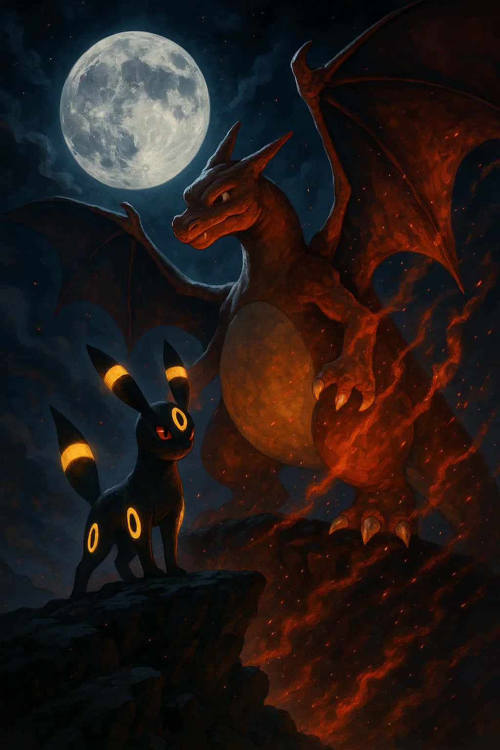 Umbreon Pokemon 4K HD Wallpaper WEBP MOBILE Backgrounds 壁紙 — 一條火龍和一隻發光的黑狐站在滿月下的岩石懸崖上，構成戲劇性的夜景。