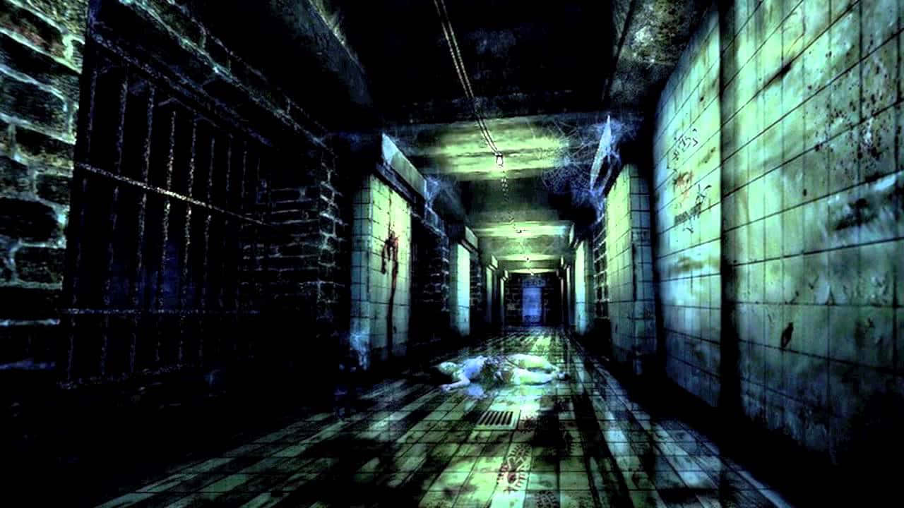 Ambience 桌布 壁紙 — 一條燈光昏暗、陰森的走廊，地板瓷磚破裂，牆壁佈滿塗鴉，盡頭只有一盞閃爍的燈光照明。