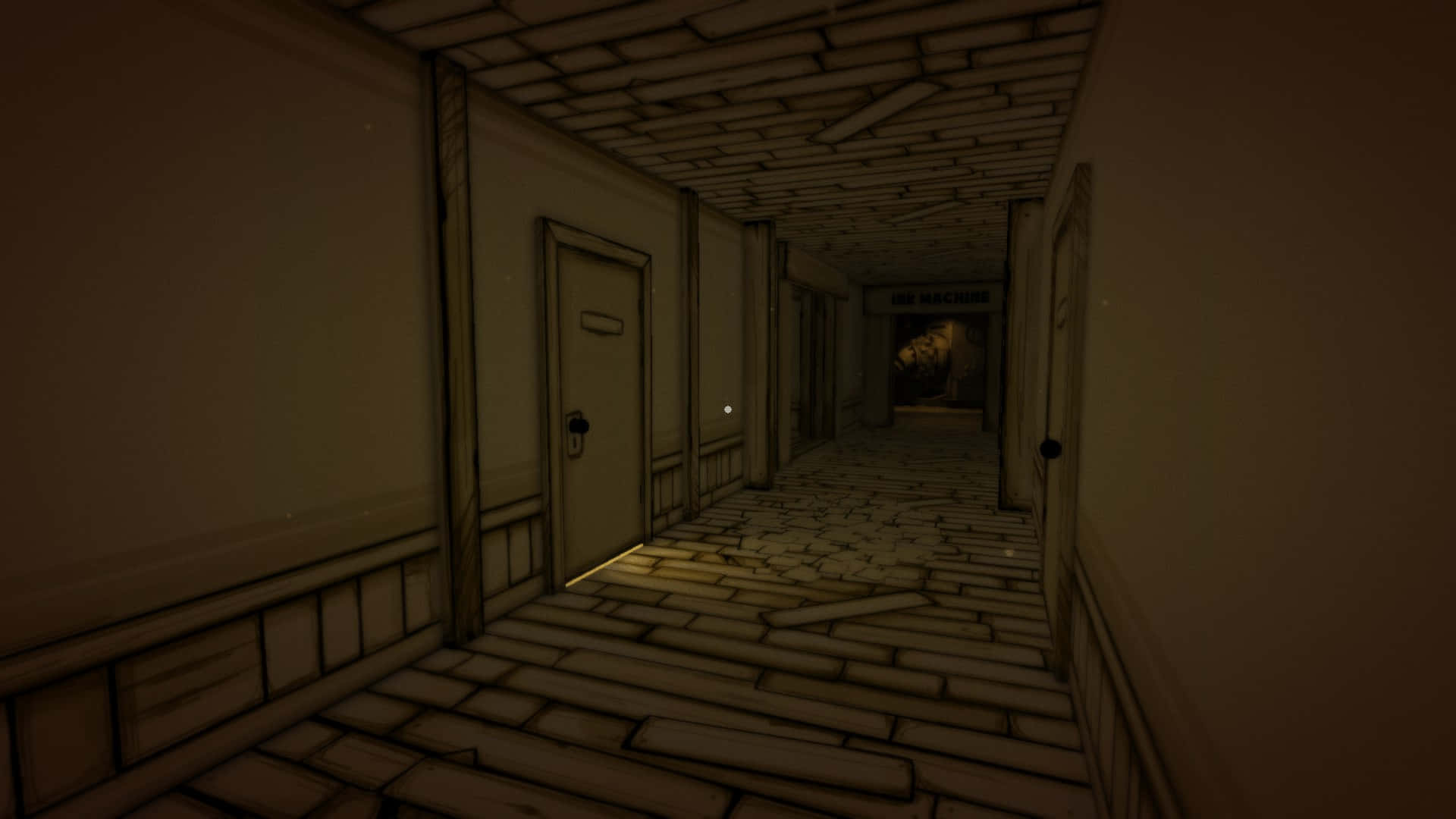 bendy and the ink machine 桌布 壁紙 — 一條燈光昏暗的卡通風格走廊，有木門和石磚，盡頭是一道發光的門口。