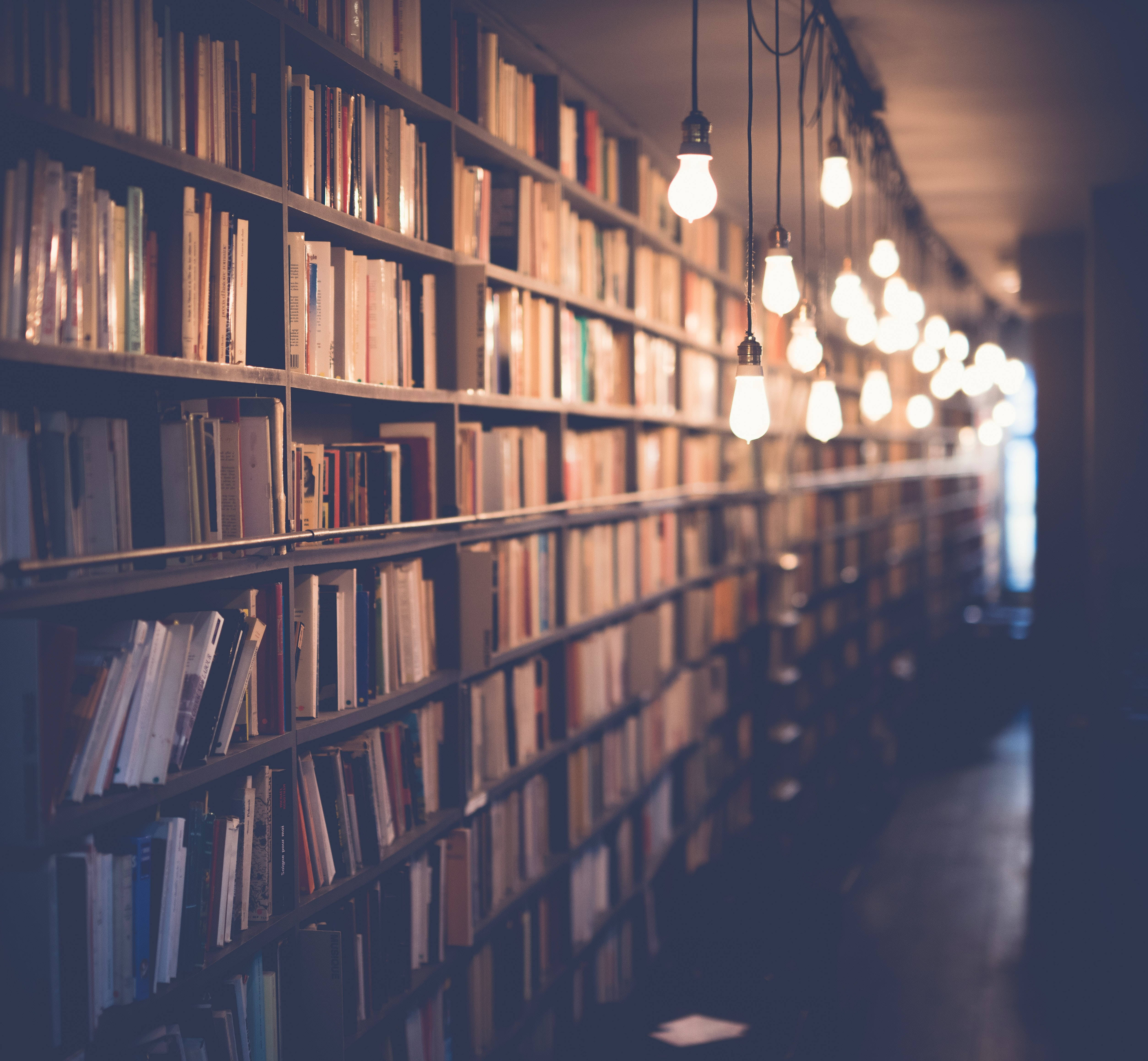 Light 桌布 壁紙 — 一條燈光昏暗的圖書館走廊，兩旁是高聳的書架，懸掛的燈泡散發出溫暖的光芒。