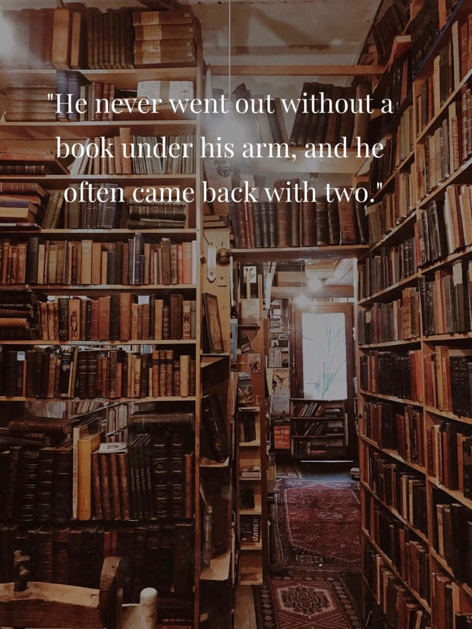 Dark Academia Aesthetic 桌布 壁紙 — 一條狹窄的通道，兩旁是高聳的木書架，位於一個舒適的復古圖書館內，沐浴在溫暖的金色光線中。