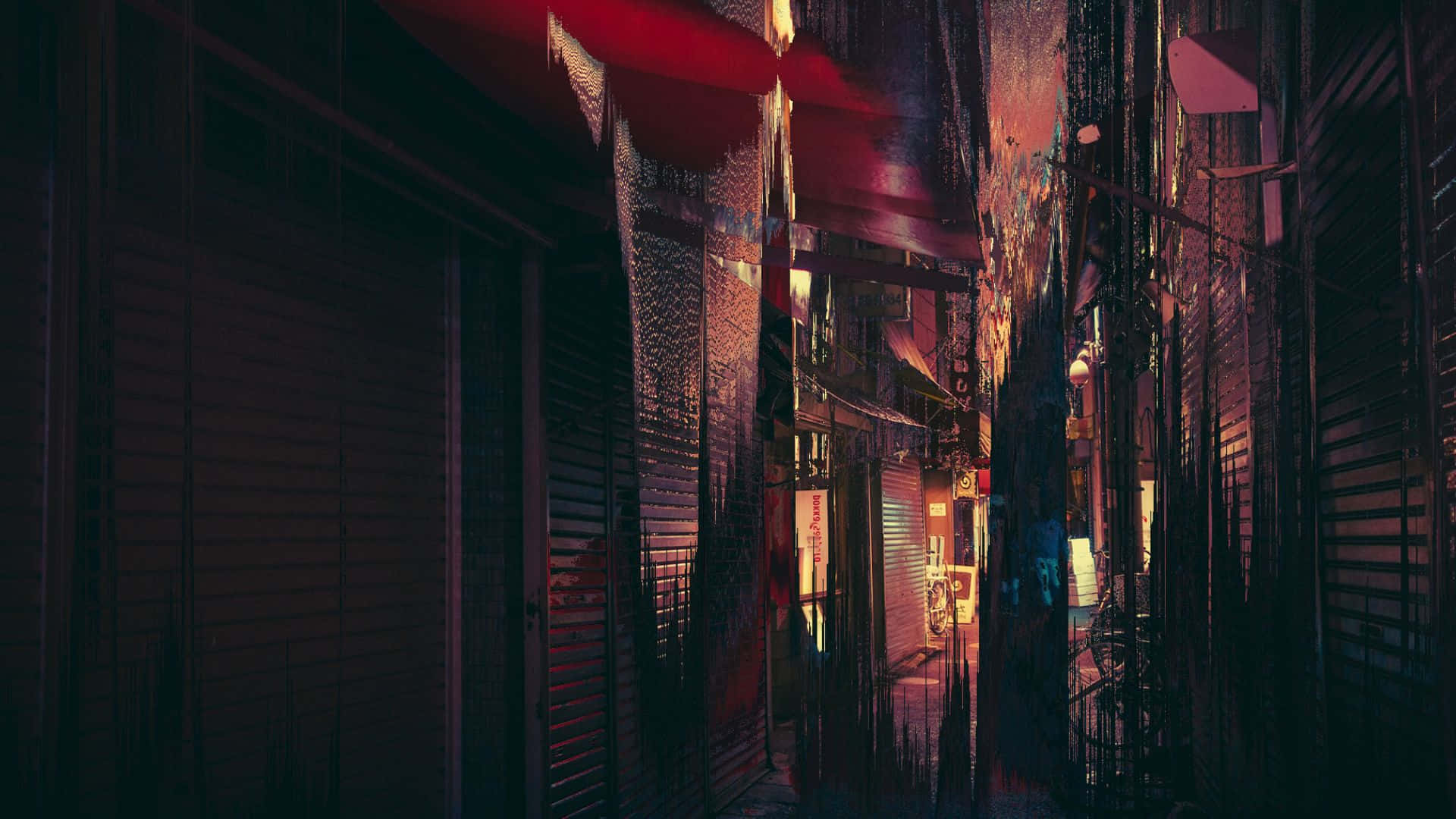 Dark Alleyway 桌布 壁紙 — 一條狹窄的雨夜小巷，被紅色霓虹燈招牌照亮，倒影映在濕漉漉的路面上。