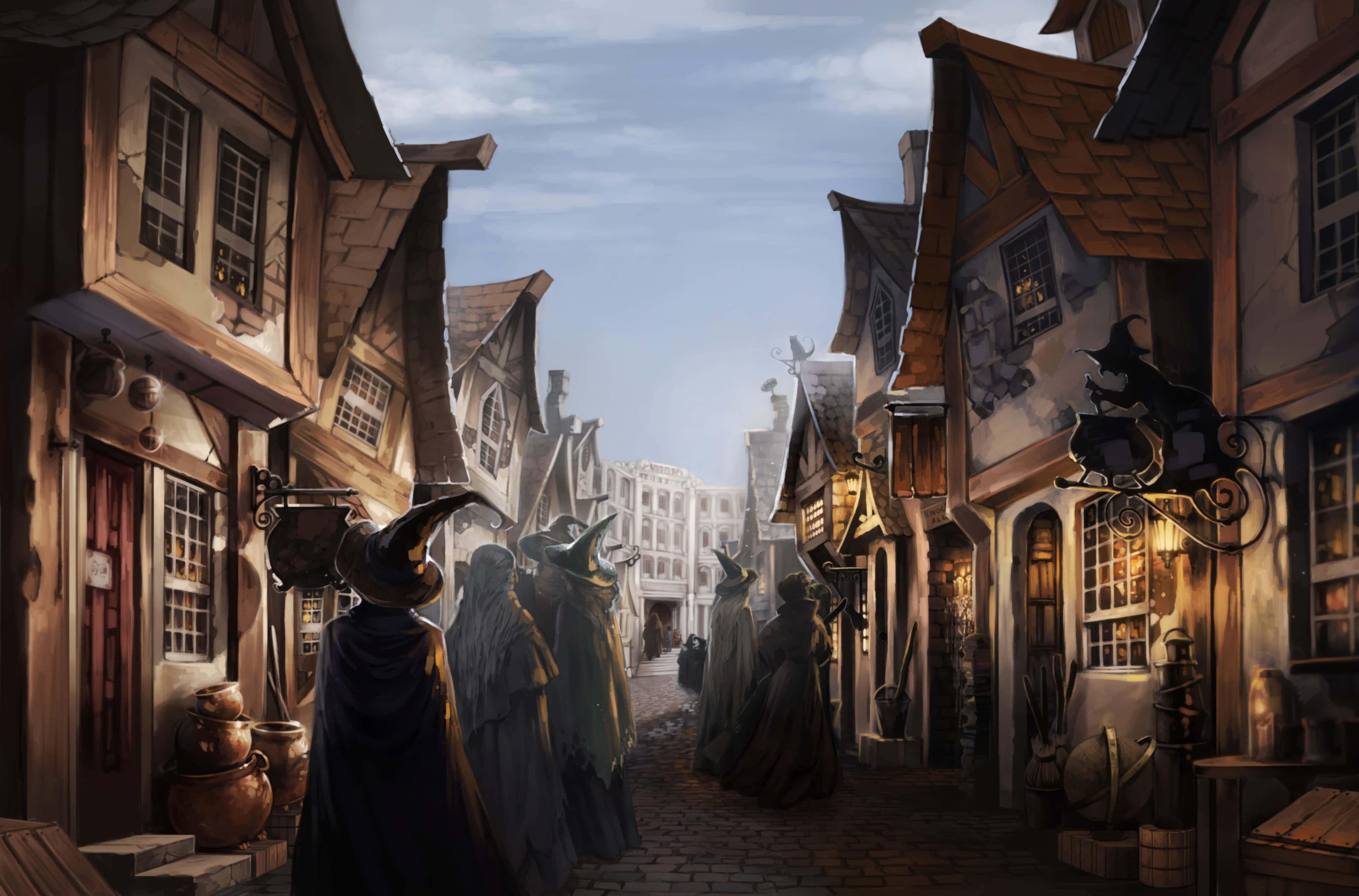 The Leaky Cauldron 桌布 壁紙 — 一條狹窄的鵝卵石街道，位於中世紀奇幻小鎮，兩旁是木結構建築和發光的燈籠，戴著兜帽的女巫走過。