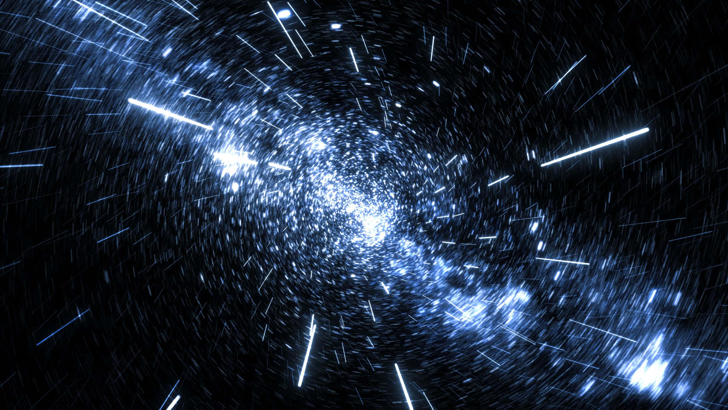 Dark Energy 桌布 壁紙 — 一條由藍色光線組成的宇宙隧道，穿過深邃太空，通向一個光芒四射的中心。