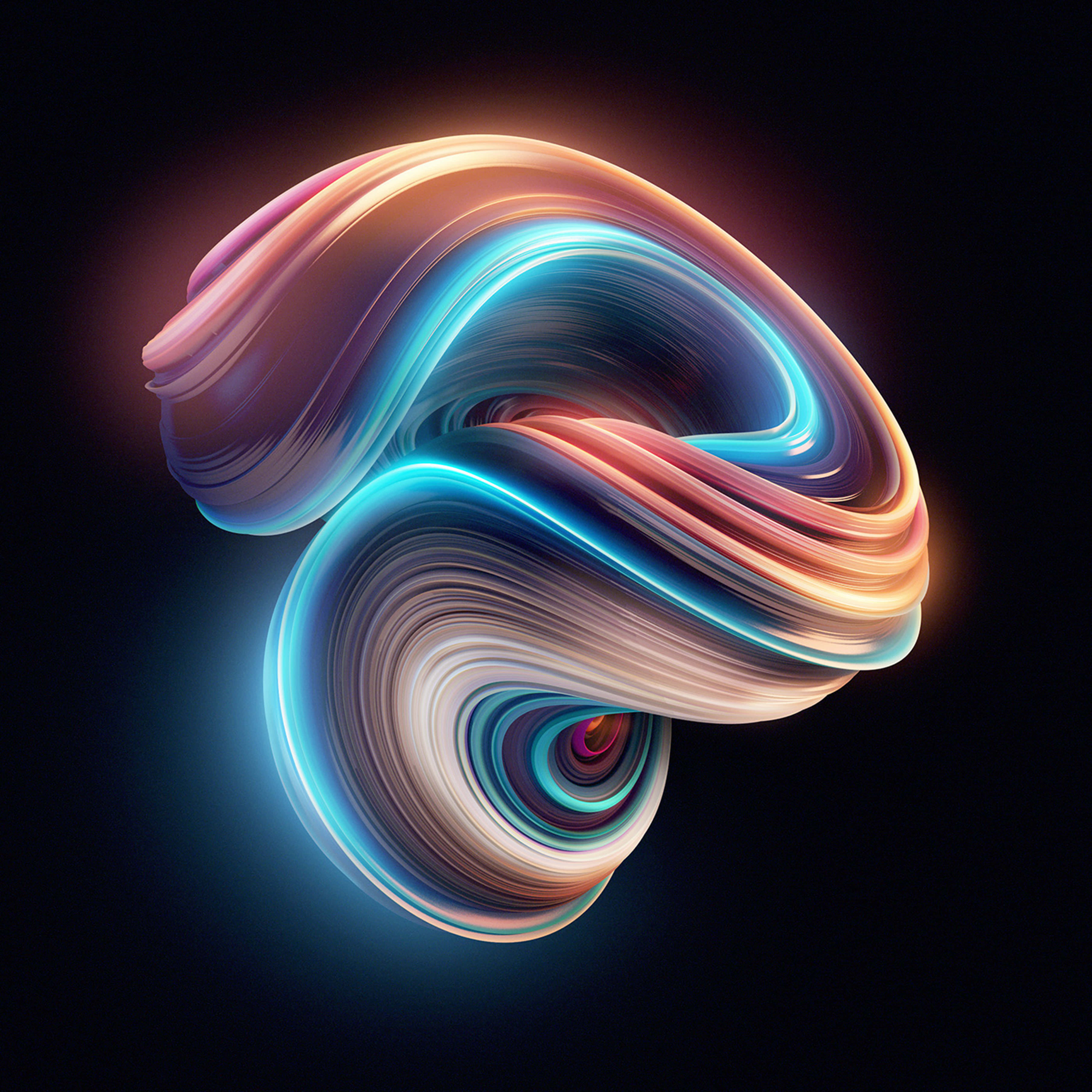 3d Graphics 桌布 壁紙 — 一條發光的抽象漩渦，由霓虹藍和溫暖粉紅色的絲帶在深色背景上扭轉而成。