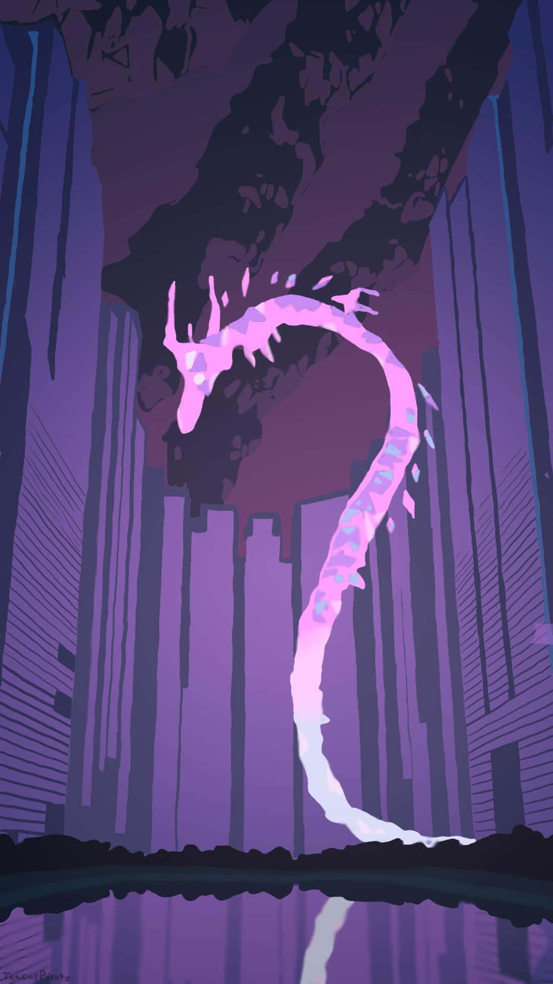Promare 桌布 壁紙 — 一條發光的粉紅色龍在紫色霓虹燈城市景觀中翱翔，下方有高聳的摩天大樓和反射的水面。